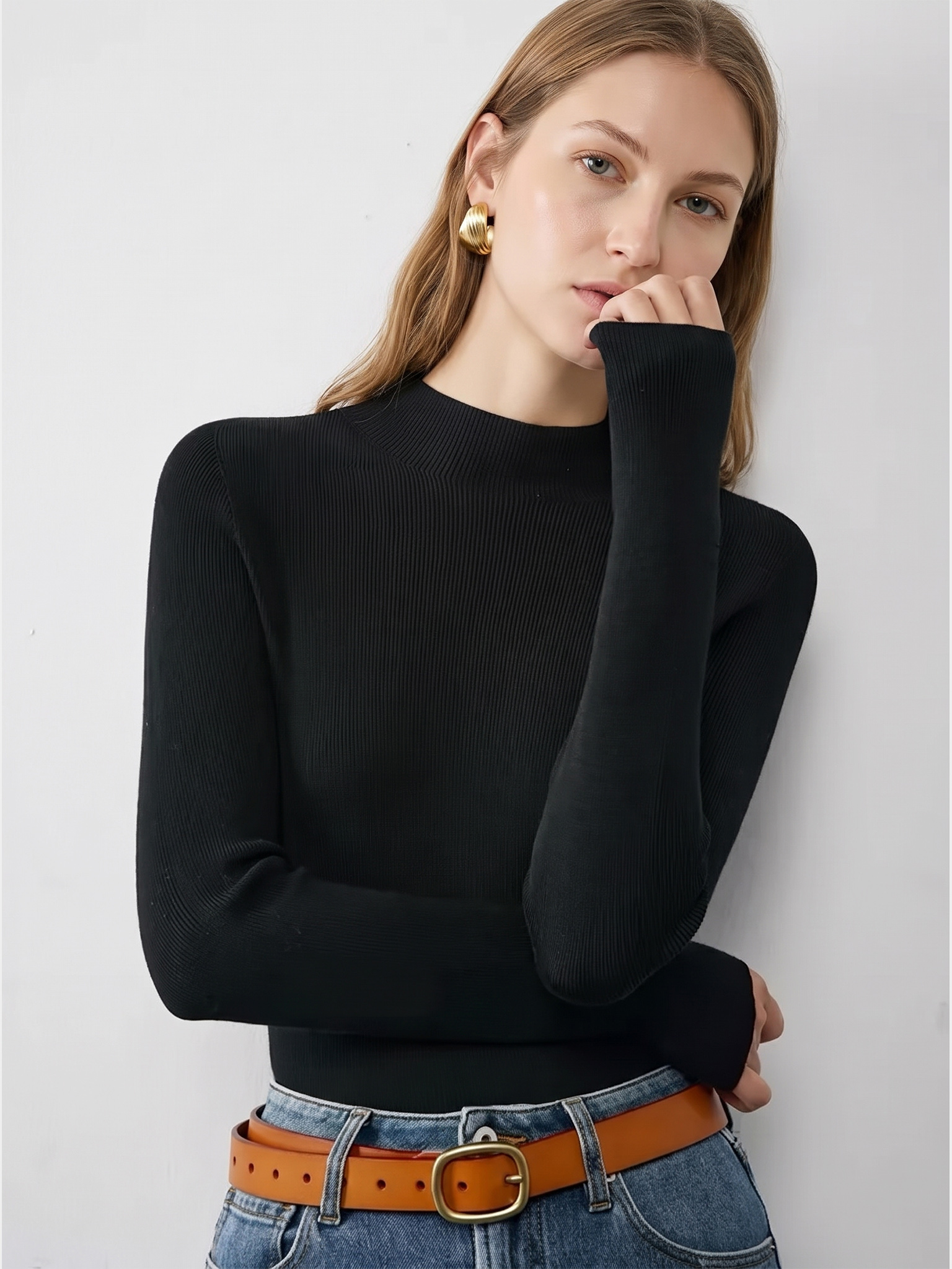 100% Wool Lightweight Mock Neck Slim Fit Long Sleeve Knit Top
