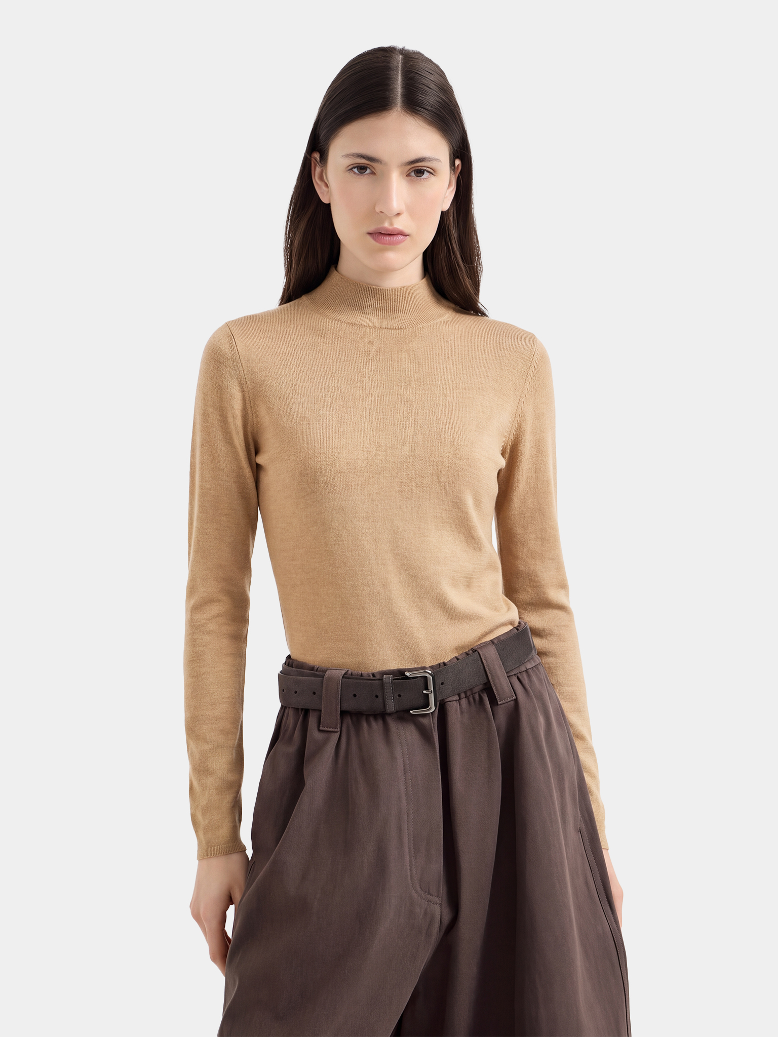 100% Wool Lightweight Mock Neck Slim Fit Long Sleeve Knit Top