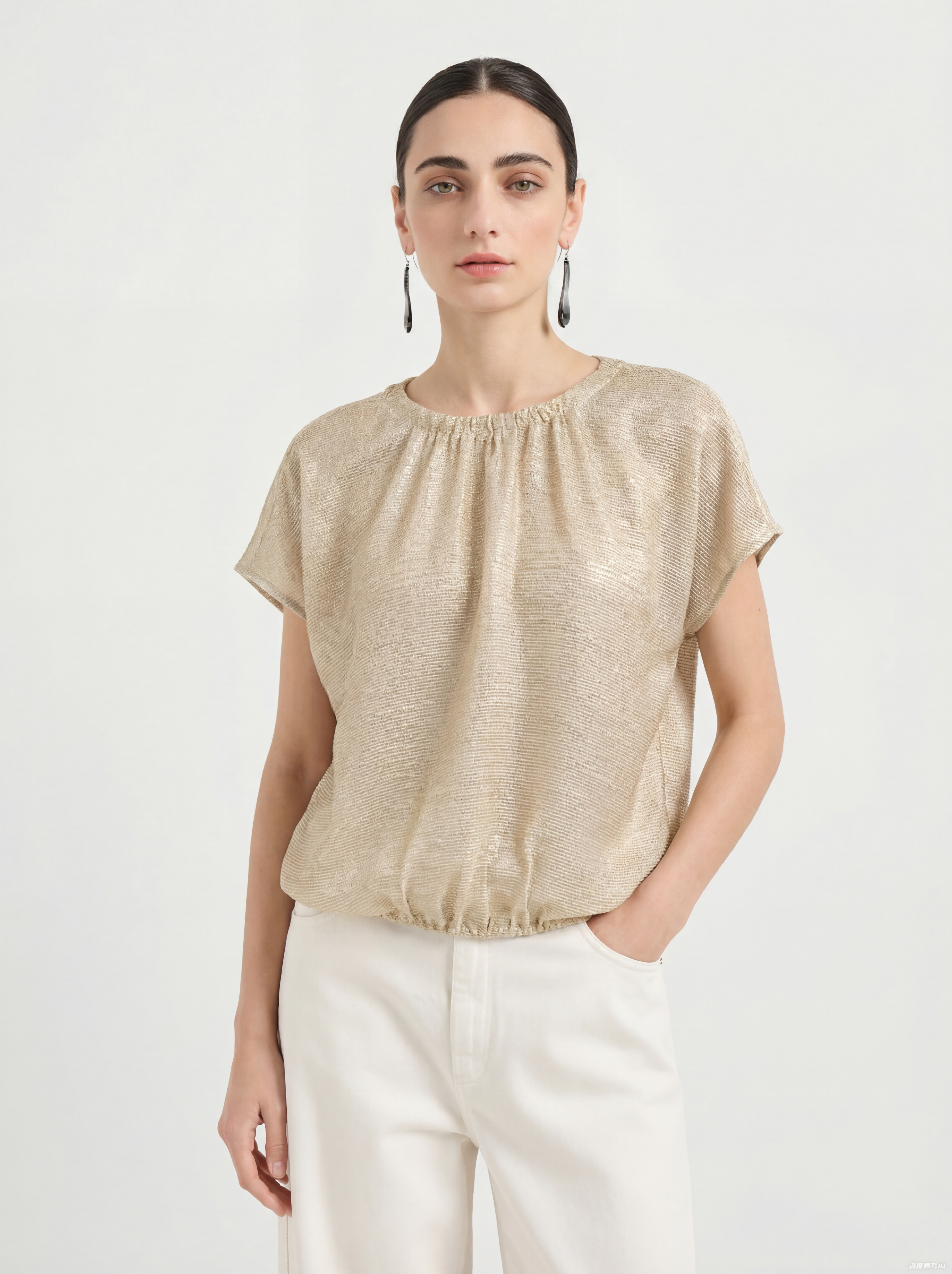 Beige Silk Drawstring Knit Sweater