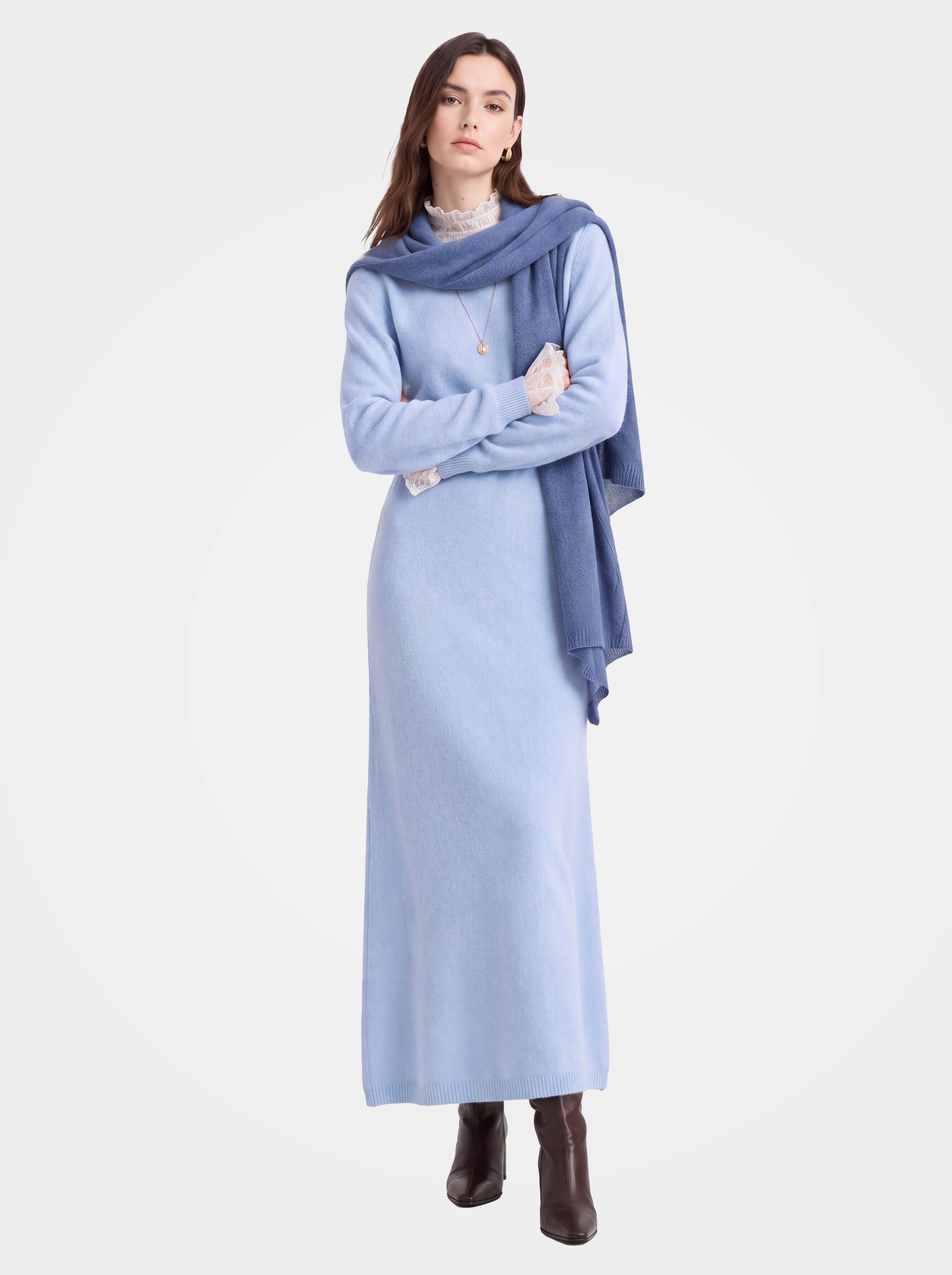 100% Cashmere Long Sleeve Crew Neck Midi Sweater Dress