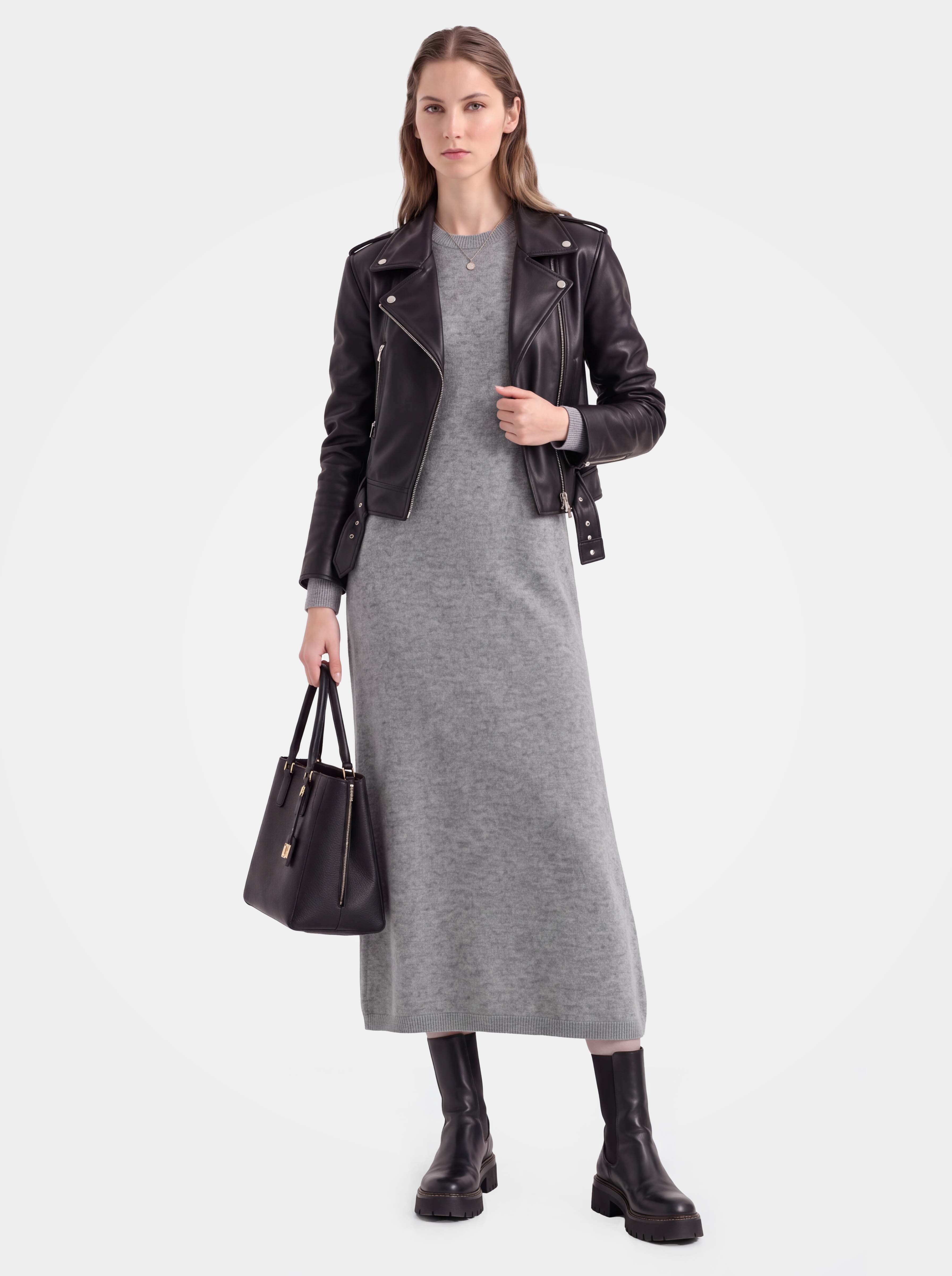 100% Cashmere Long Sleeve Crew Neck Midi Sweater Dress
