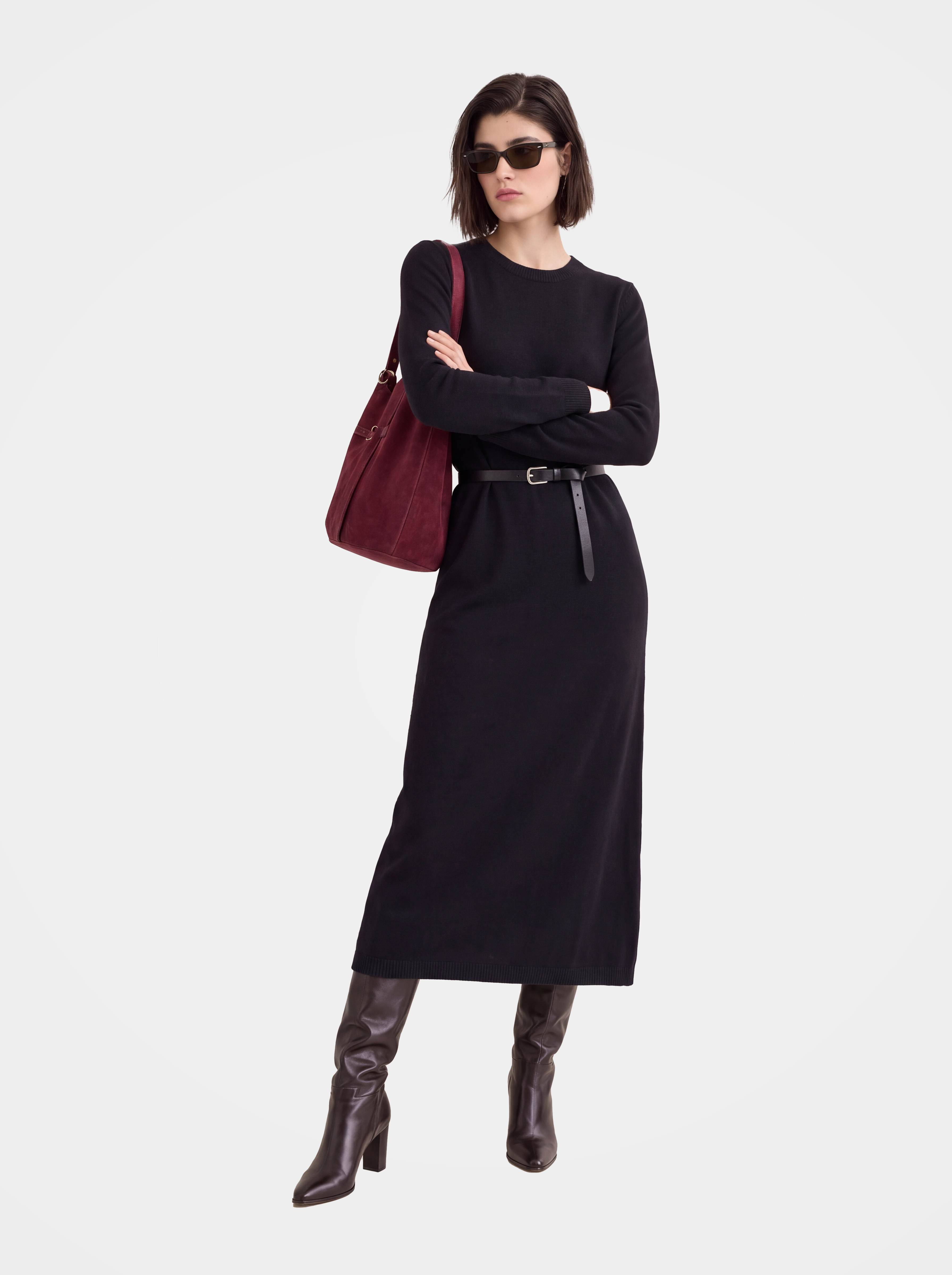 100% Cashmere Long Sleeve Crew Neck Midi Sweater Dress