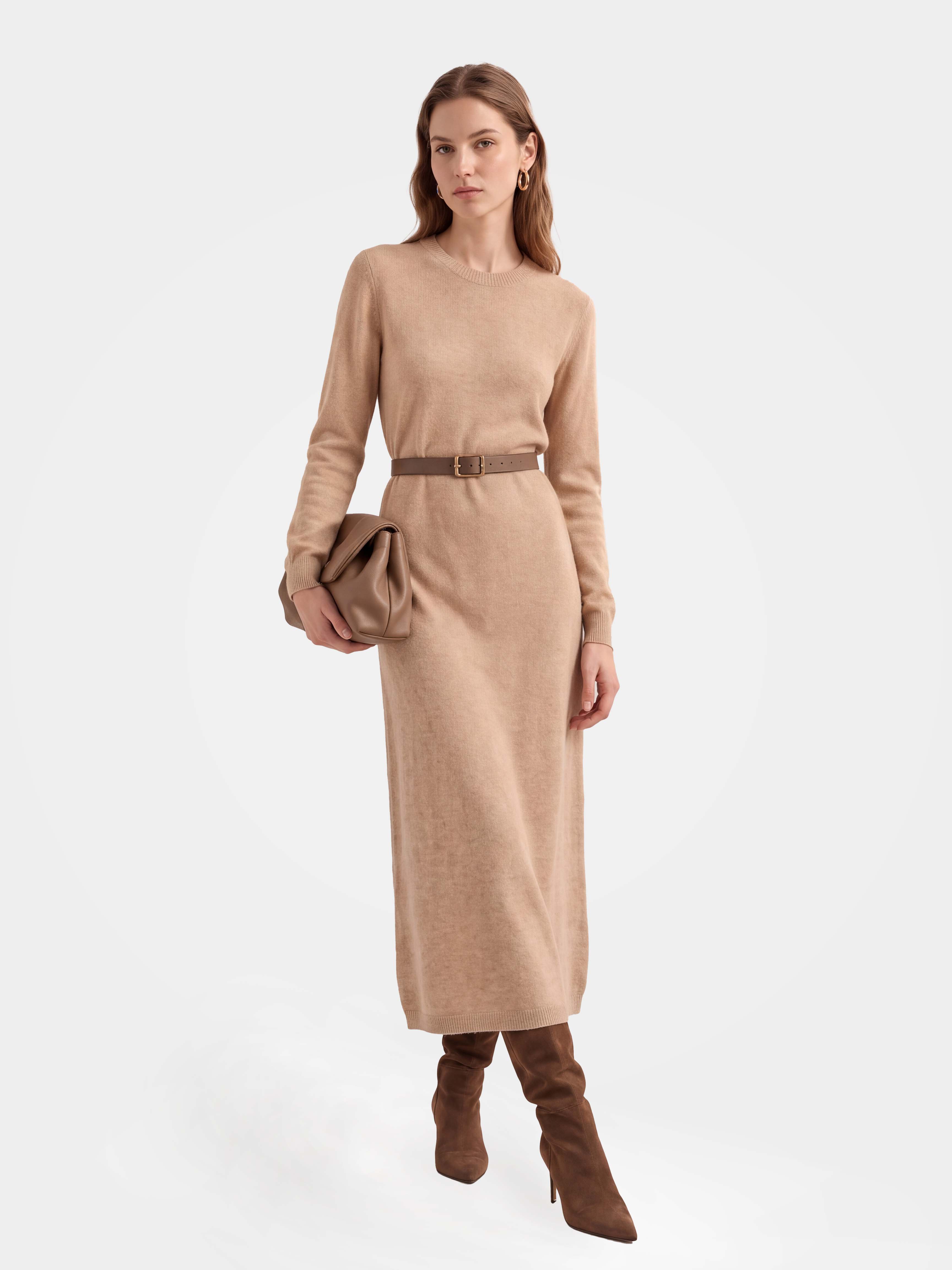 100% Cashmere Long Sleeve Crew Neck Midi Sweater Dress