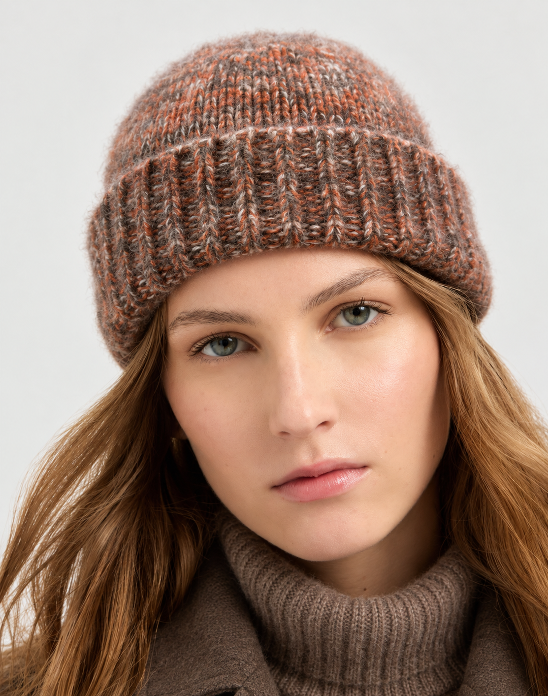 100% Cashmere Marled Knit Ribbed Cuff Beanie