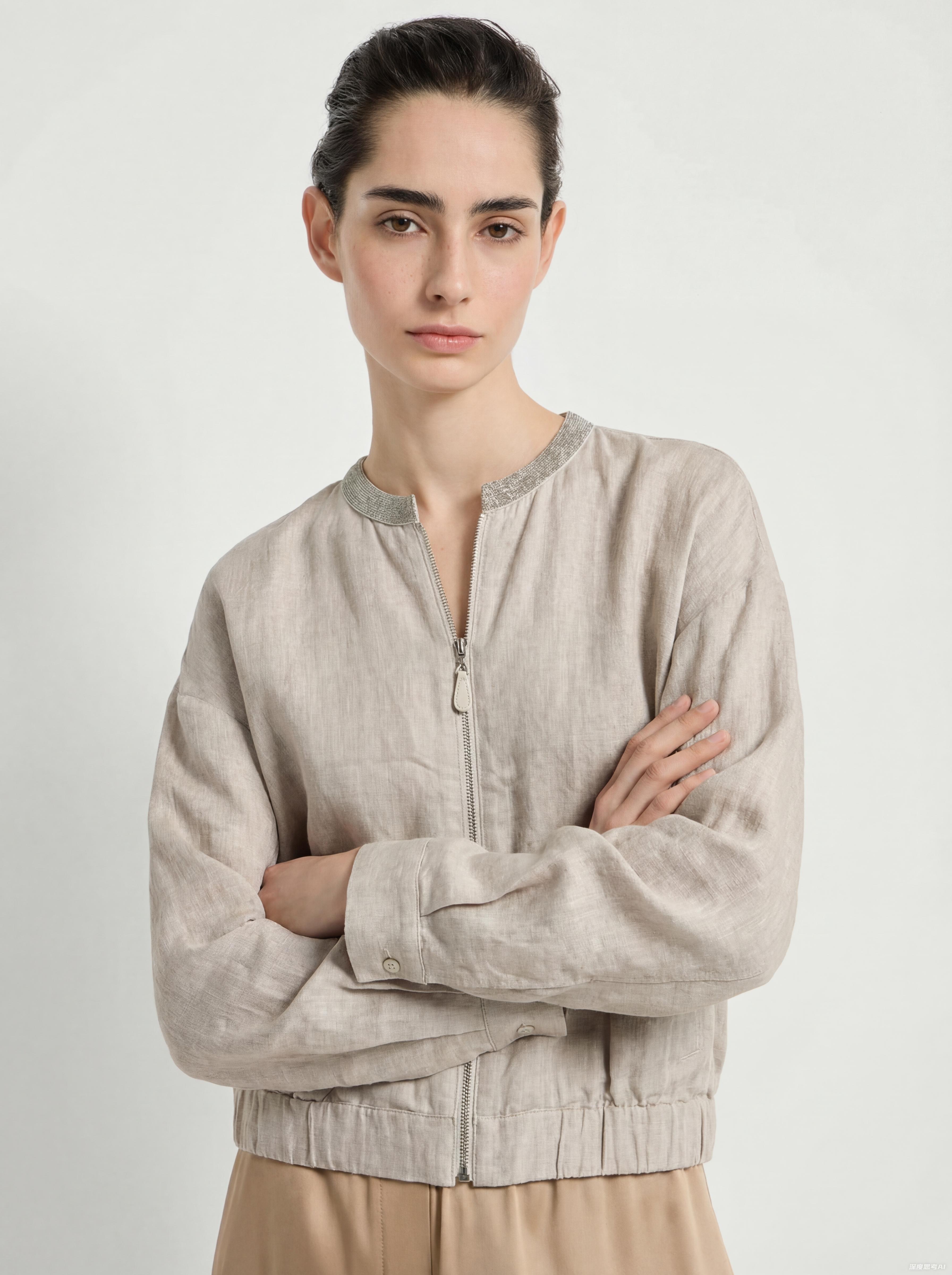 Khaki Linen Zip up Jacket