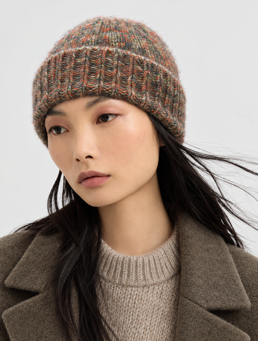 100% Cashmere Marled Knit Ribbed Cuff Beanie