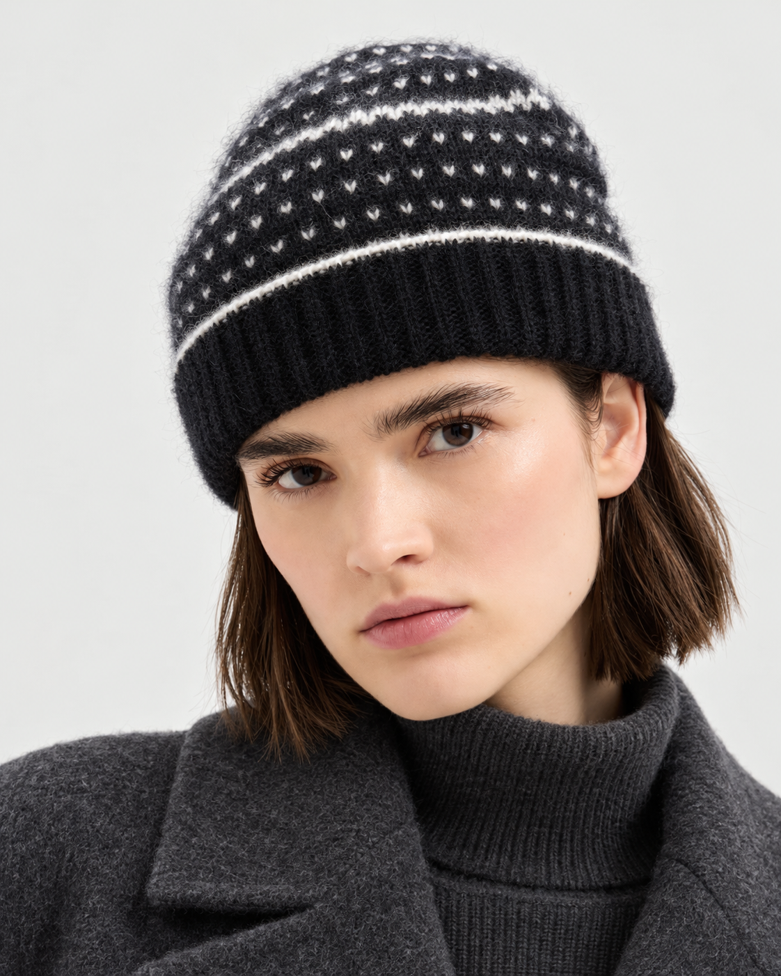 100% Cashmere Geometric Jacquard Cuffed Beanie