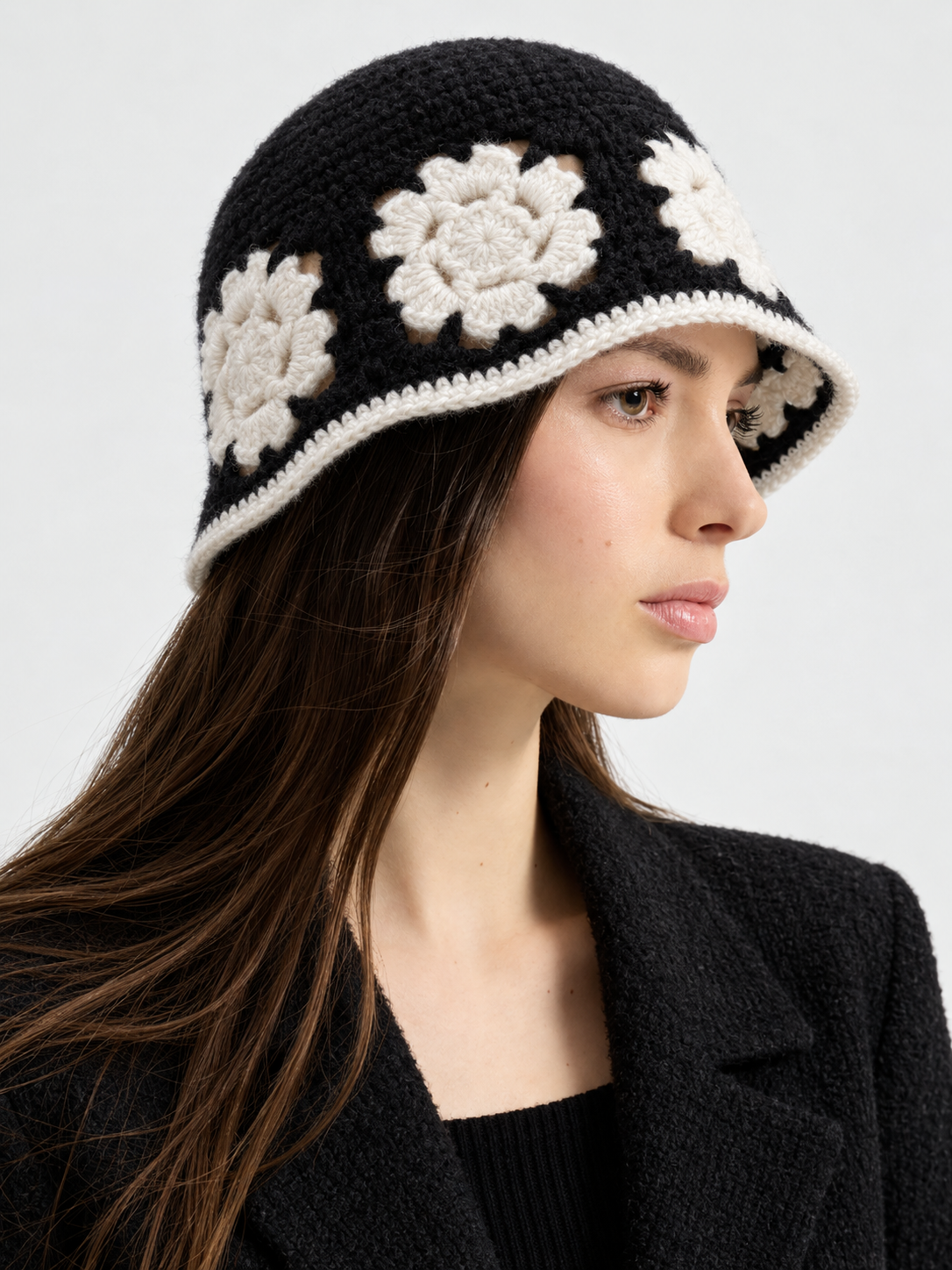100% Cashmere Crochet Floral Appliqué Bucket Hat