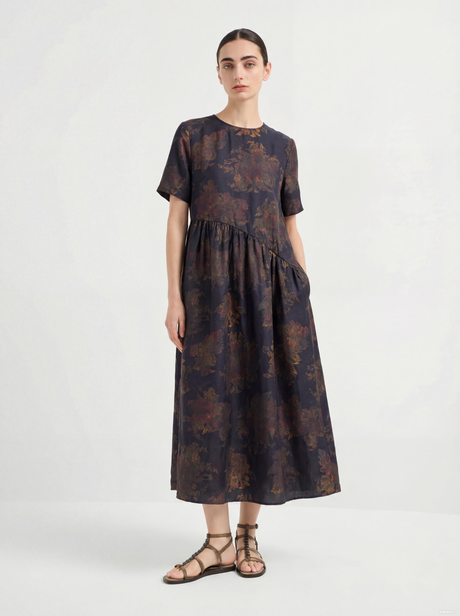 Navy Silk Floral Print Midi Dress