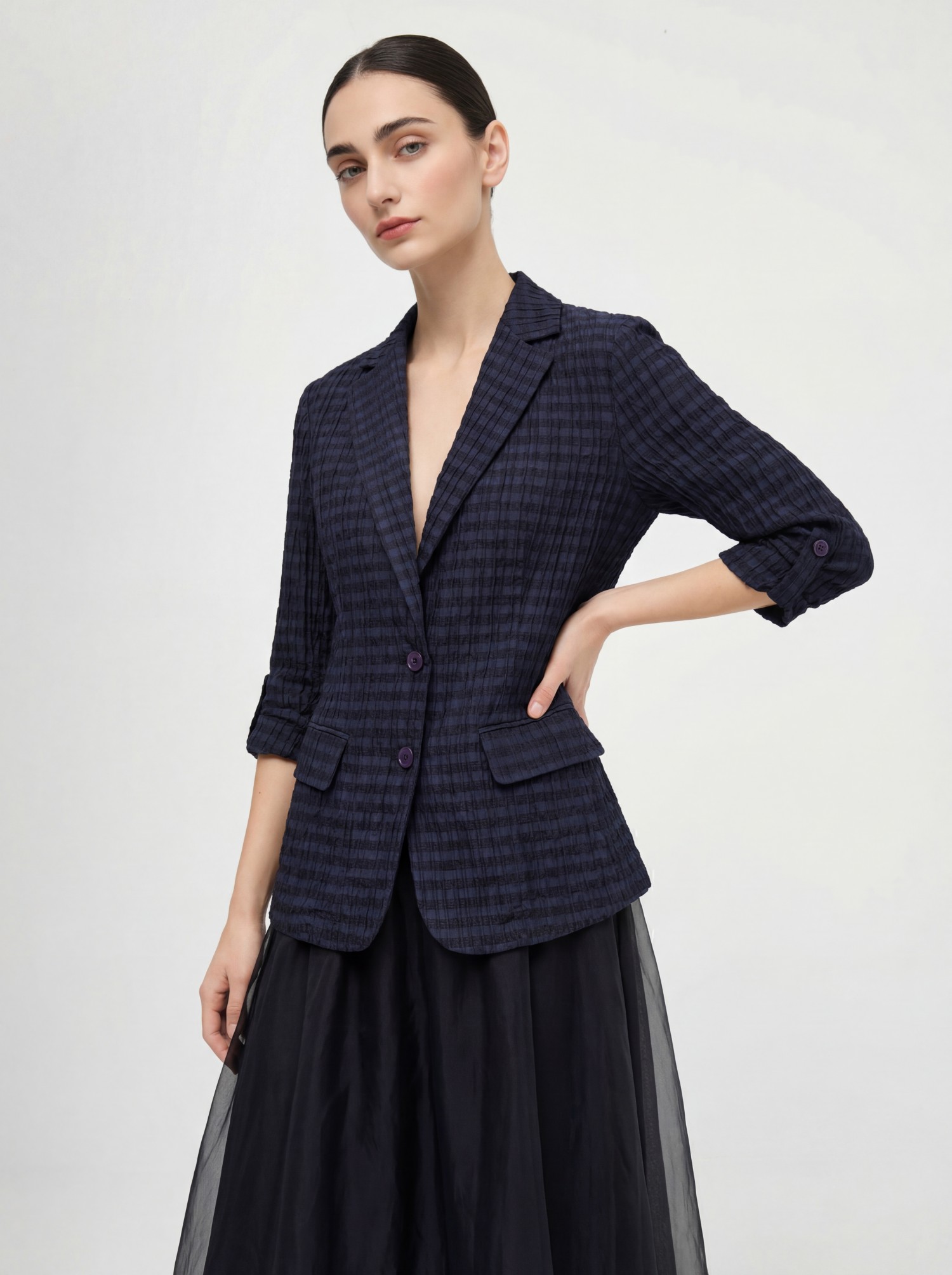 Navy Silk Plaid Blazer