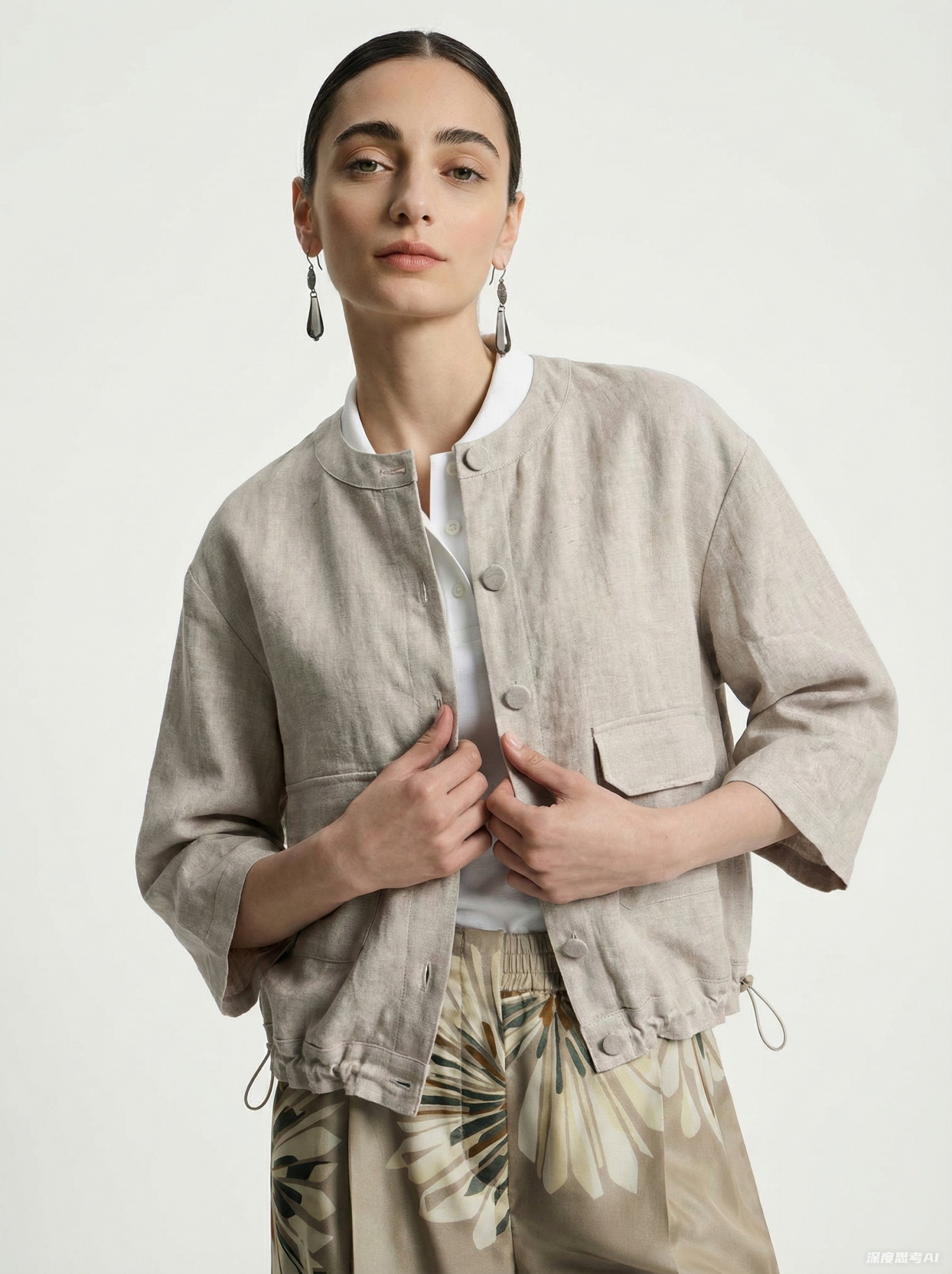 Khaki Linen Drawstring Jacket