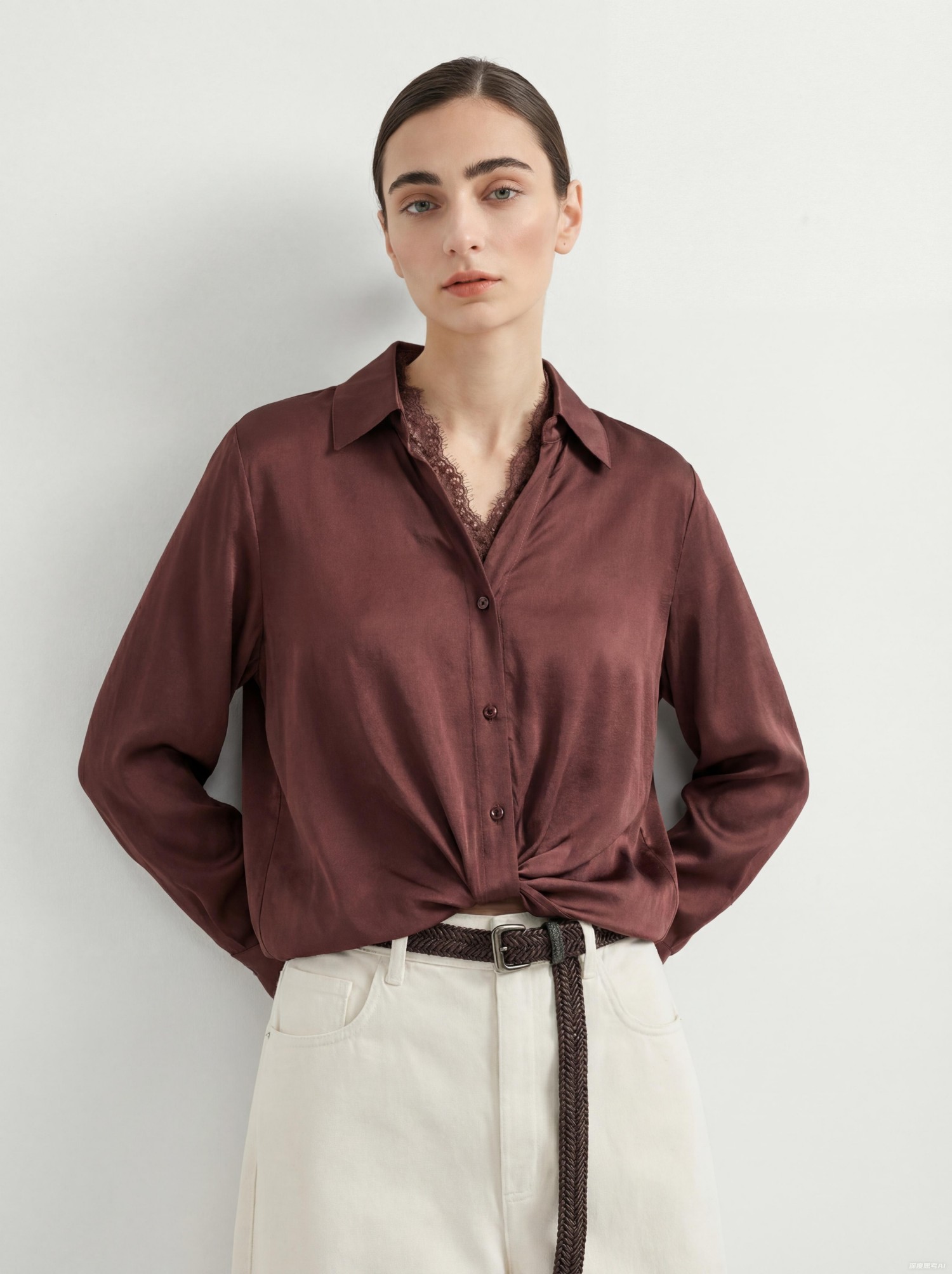 Brown Silk Long Sleeve Lace Blouse Top