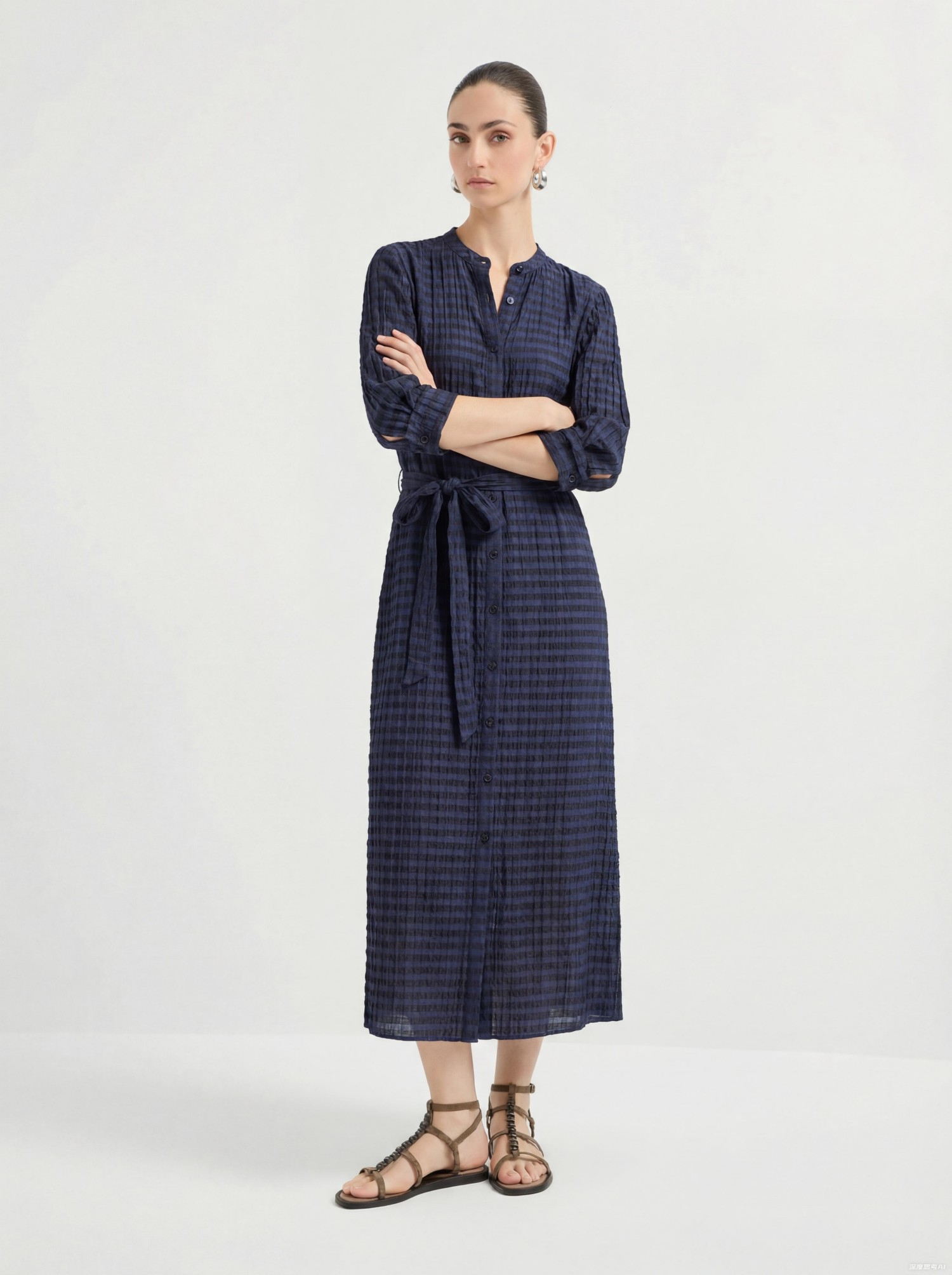 Navy Silk Plaid Midi Dress – Elegant Lightweight Summer Dress