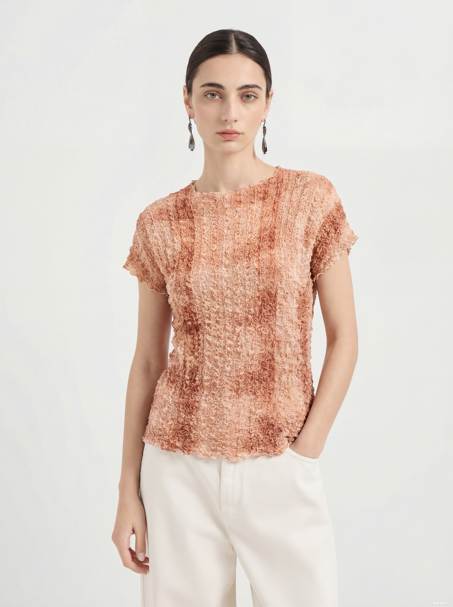 Red Silk Crinkled Colorblock Knit Sweater