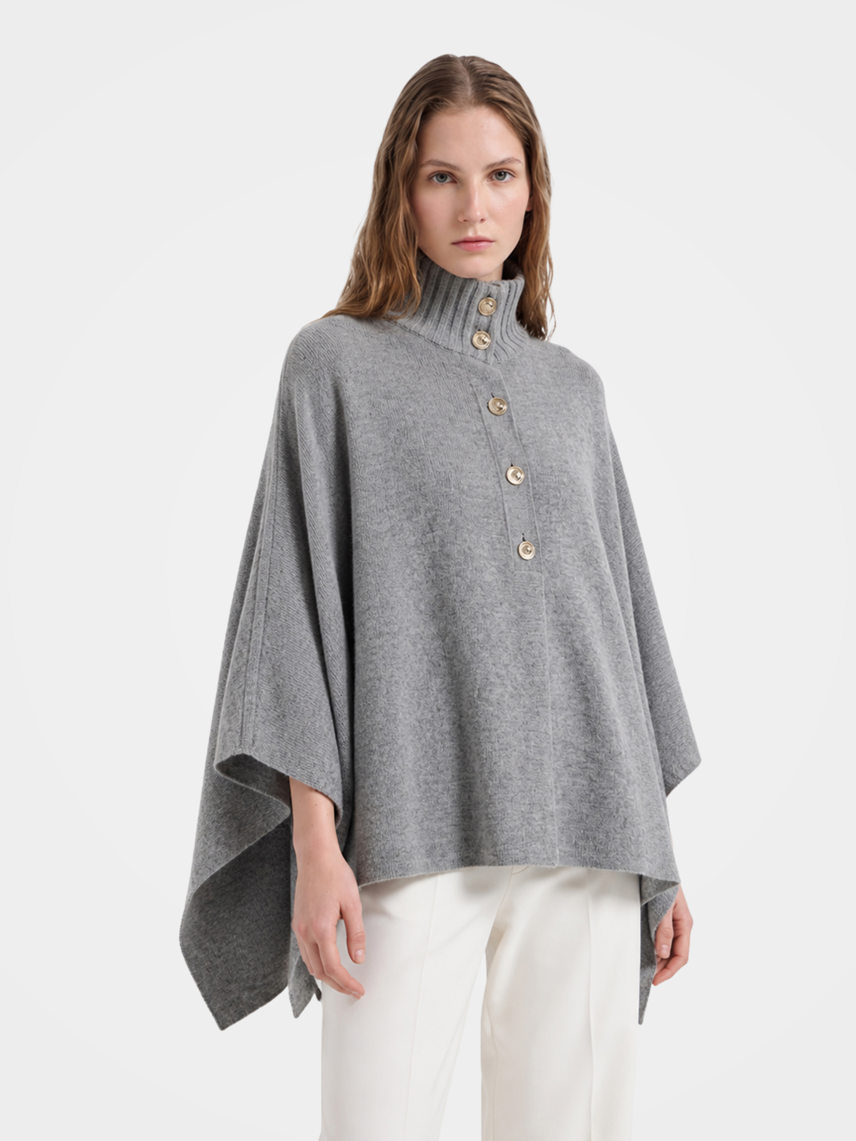 100% Wool Turtleneck Button-Placket Knit Cape
