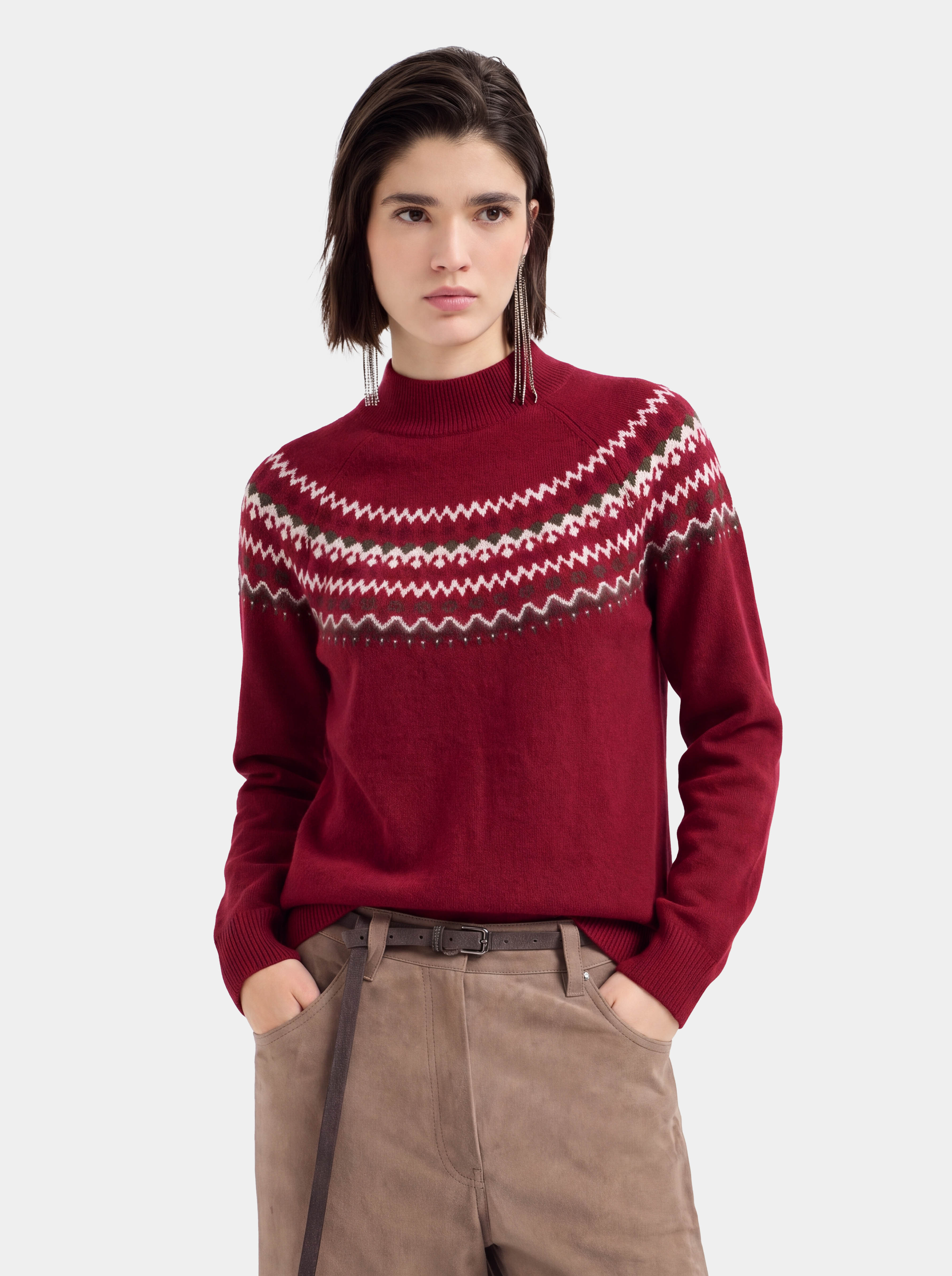 100% Cashmere Mock Neck Sweater Soft Fair Isle Diamond Knit Pullover