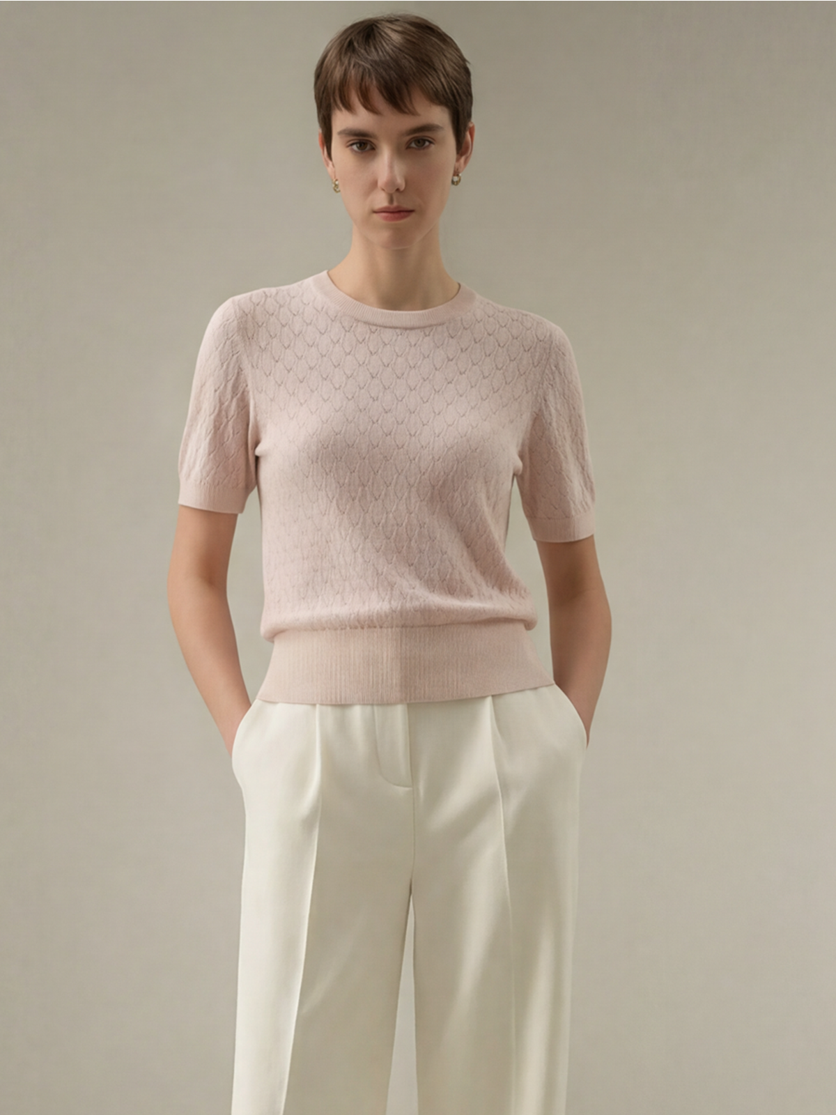Pink Tencel Diamond Pattern Hollow Out Knit Sweater