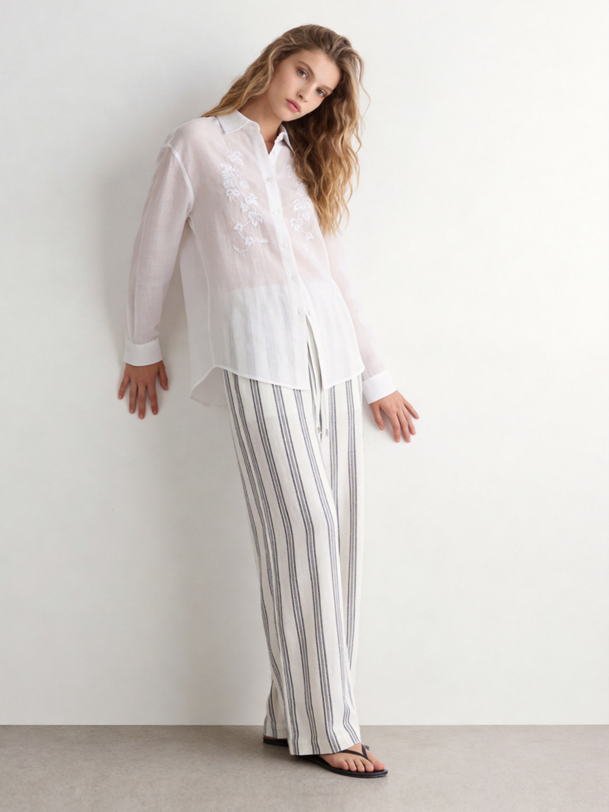 White Long Sleeve Embroidery Linen Shirt