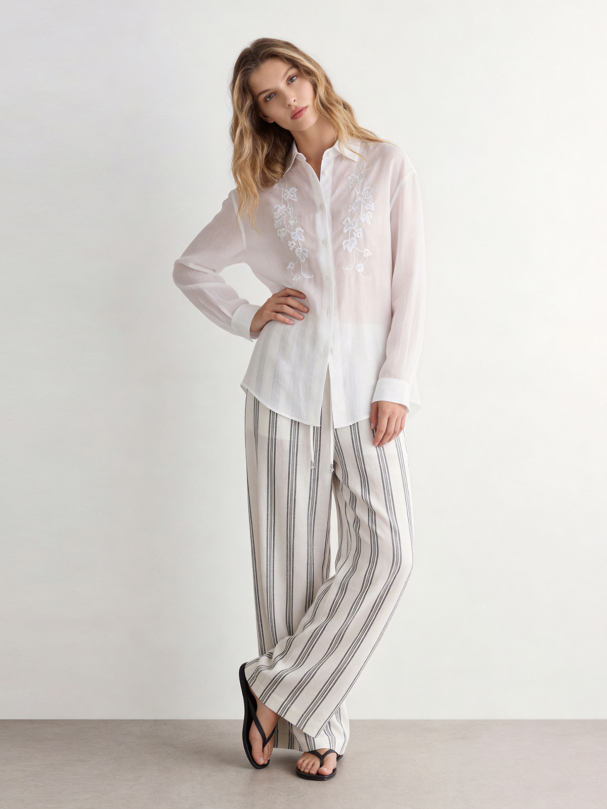 White Long Sleeve Embroidery Linen Shirt