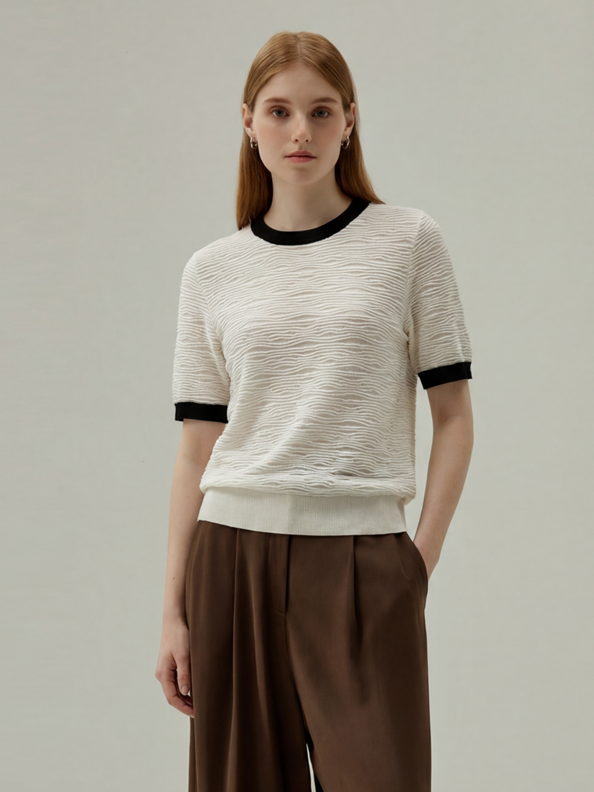 White Wool-Silk Knit Sweater with Contrast Trim