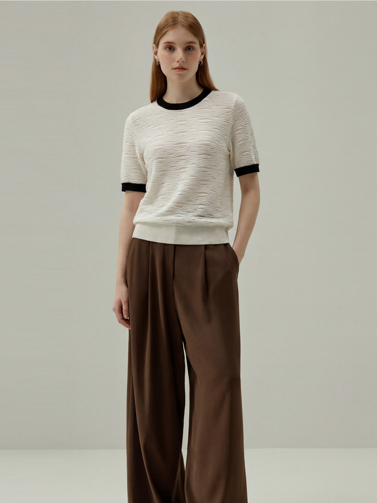 White Wool-Silk Knit Sweater with Contrast Trim