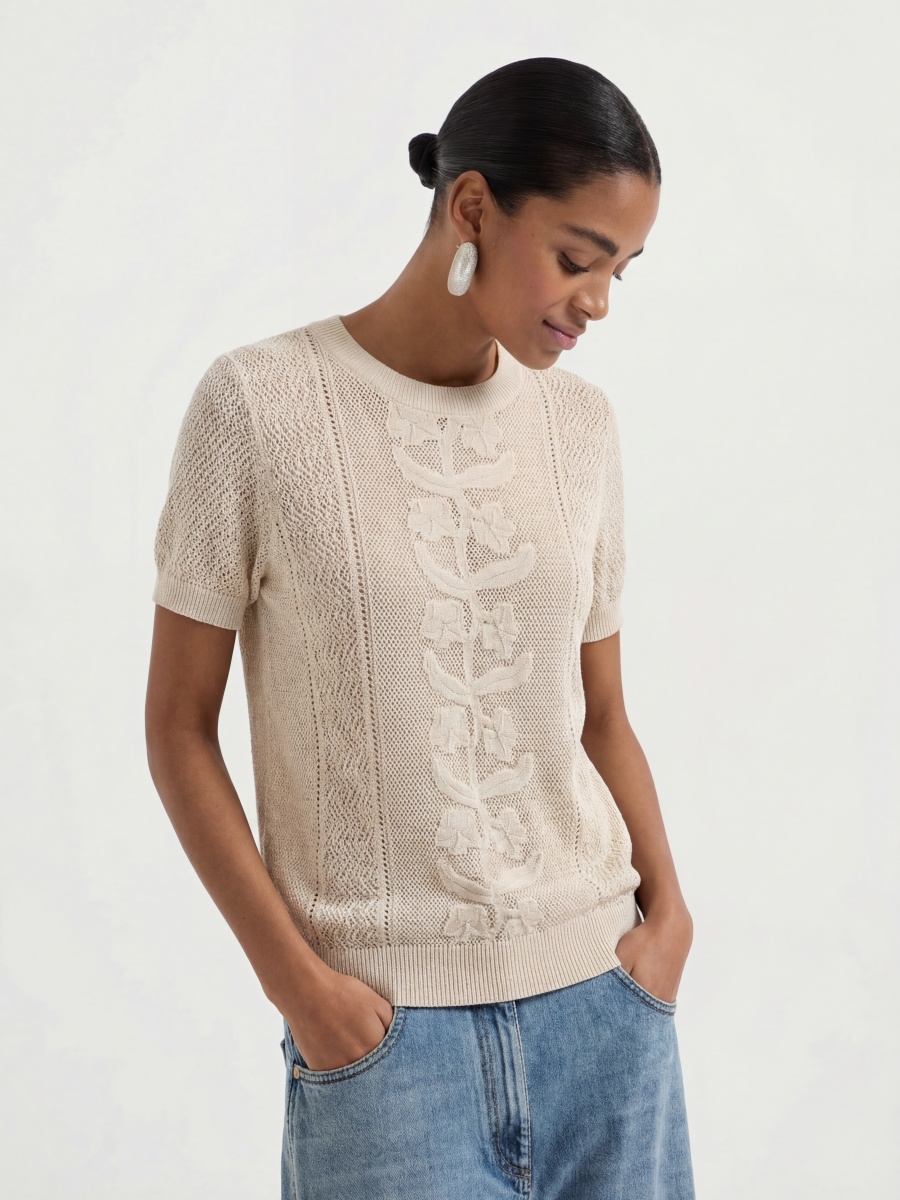 Cotton Short Sleeve Jacquard Knit Top