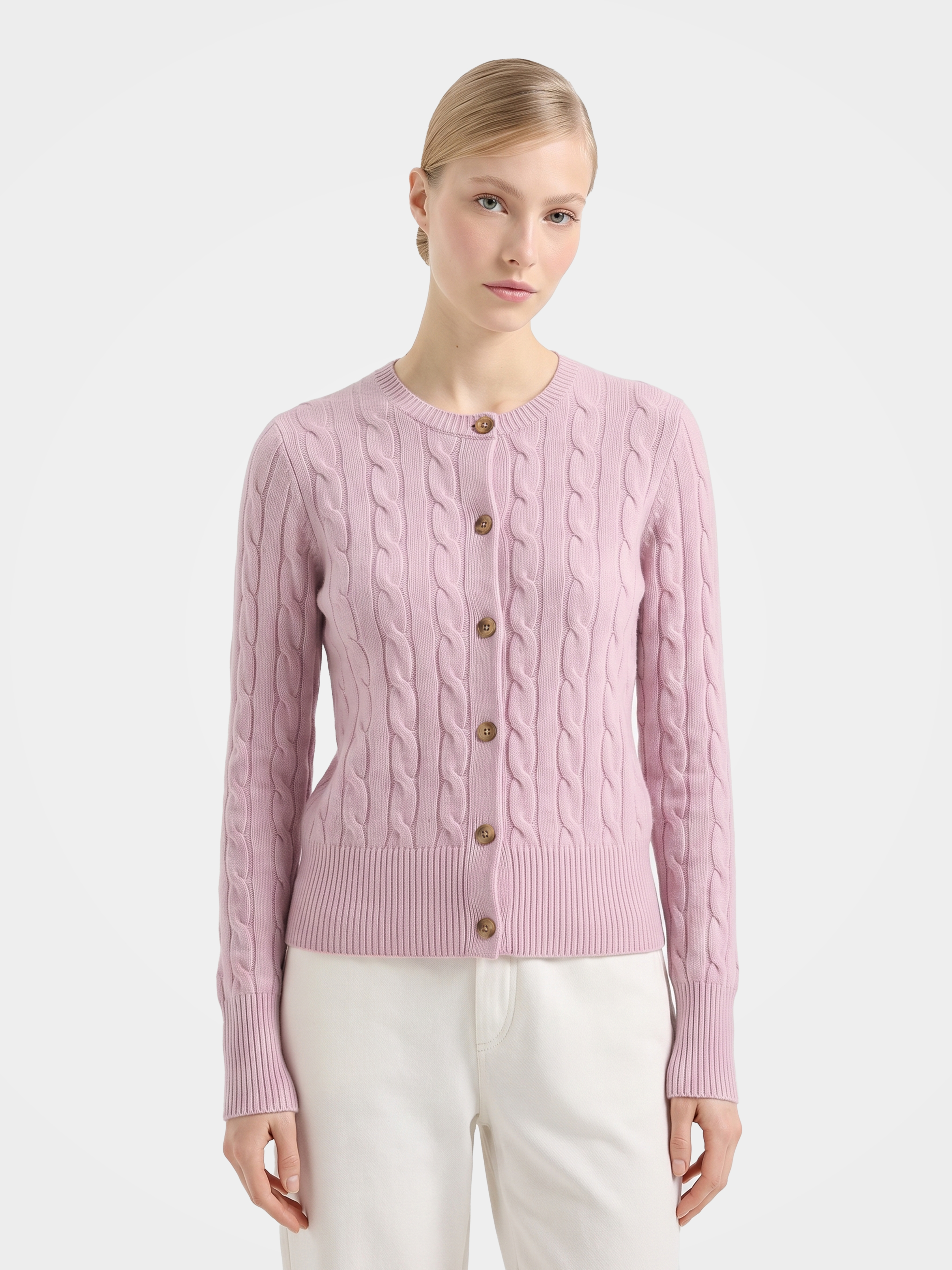100% Mongolian Cashmere Cable Knit Crew Neck Button Cardigan Sweater