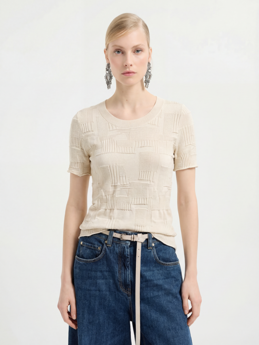 Cotton Short Sleeve Plaid Knit Top