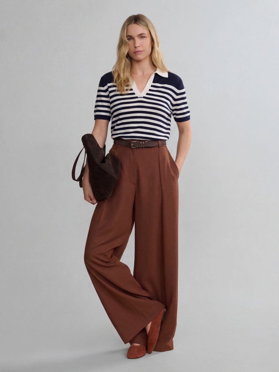 Silk Short Sleeve Stripe Knit Polo Top – Luxurious Lightweight Silk Polo