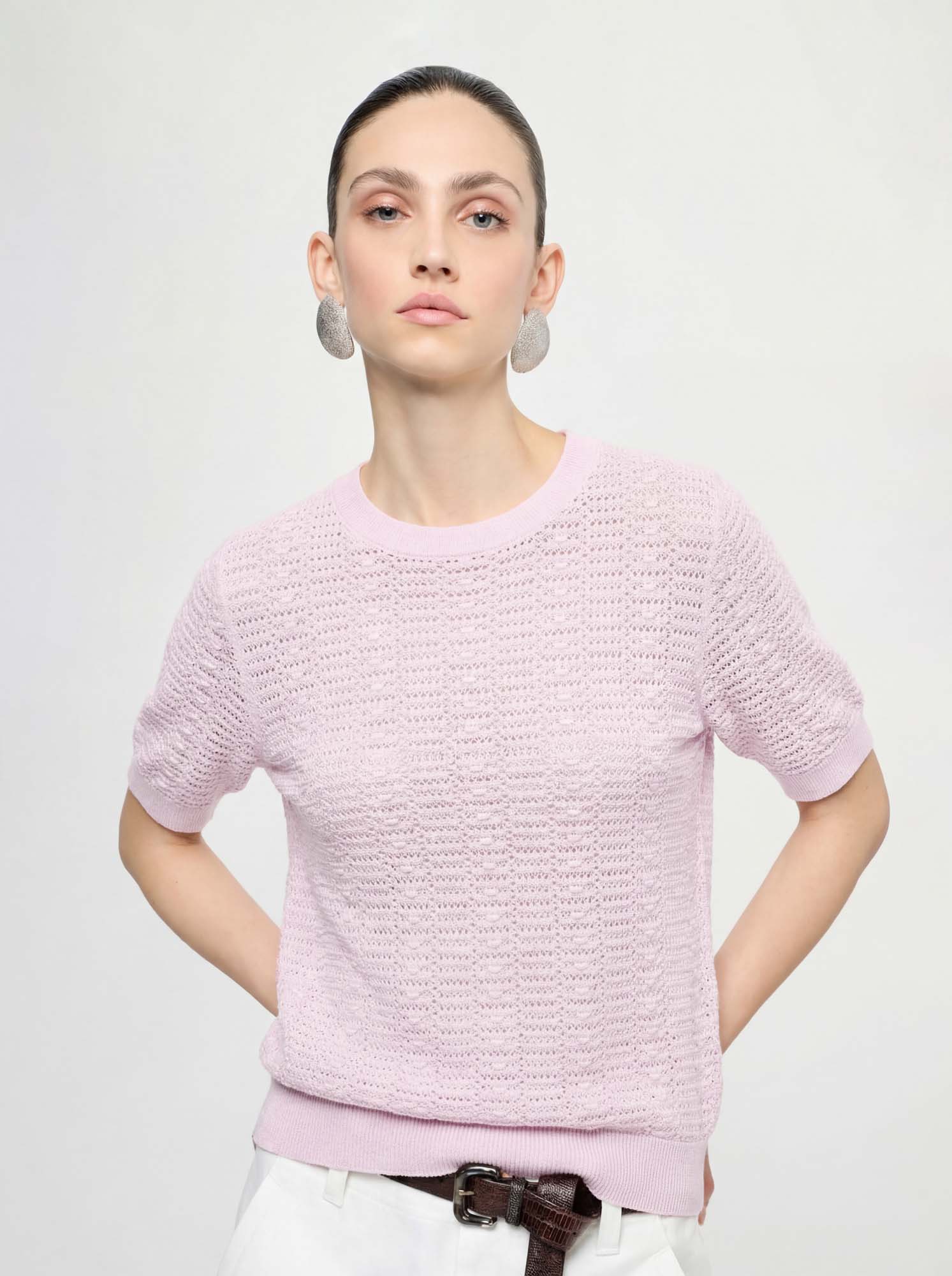 Cotton Short Sleeve Crew Neck Knit Sweater