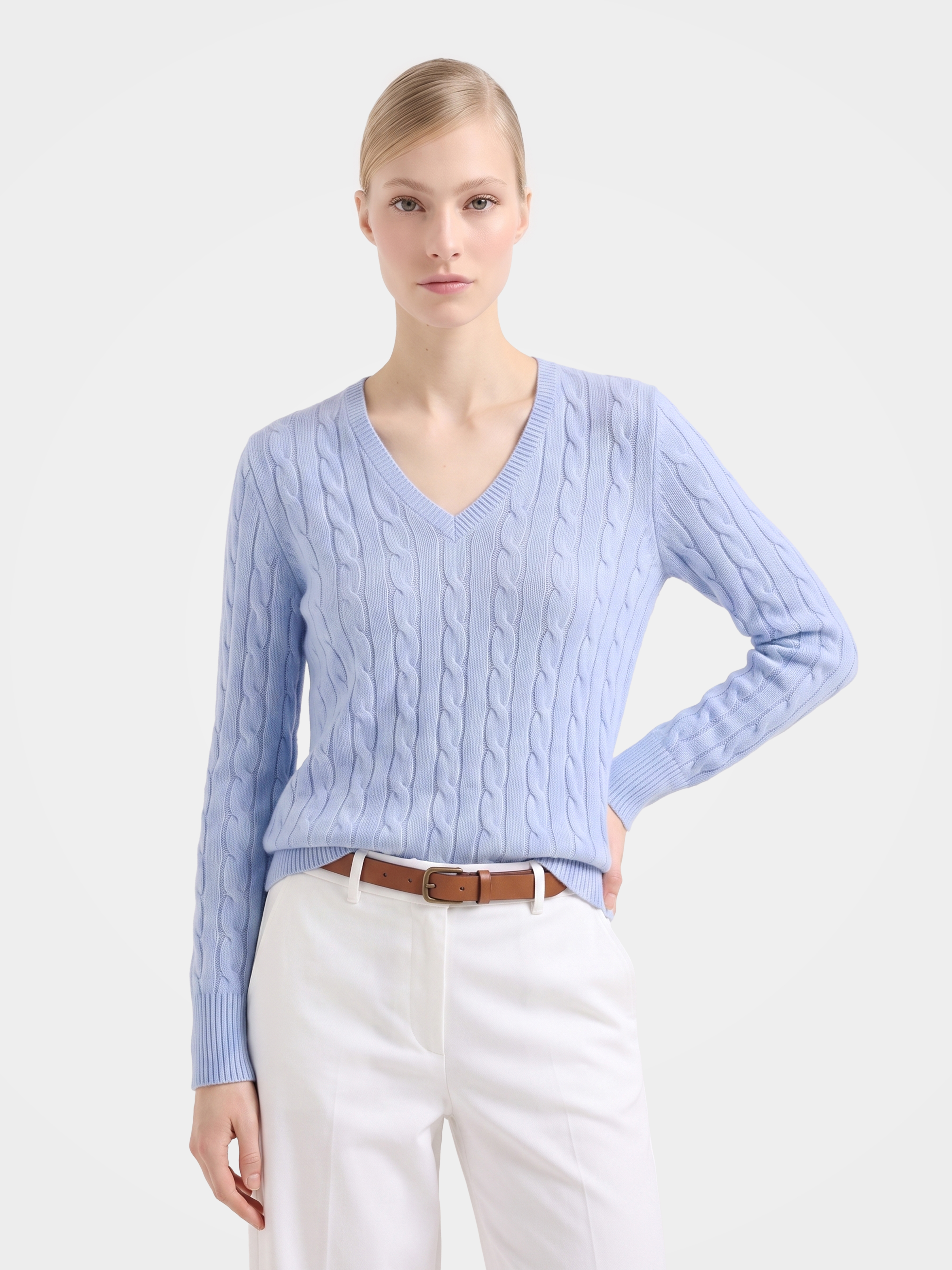 100% Mongolian Cashmere Classic Cable Knit V-Neck Sweater