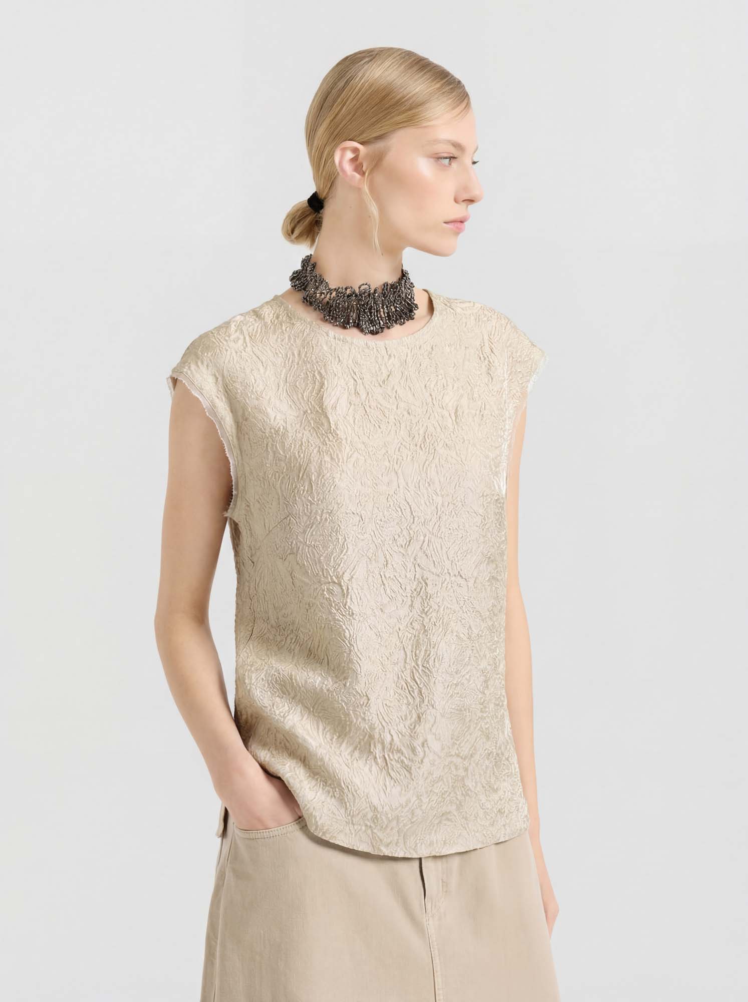 Gold Silk Sleeveless Jacquard Top 