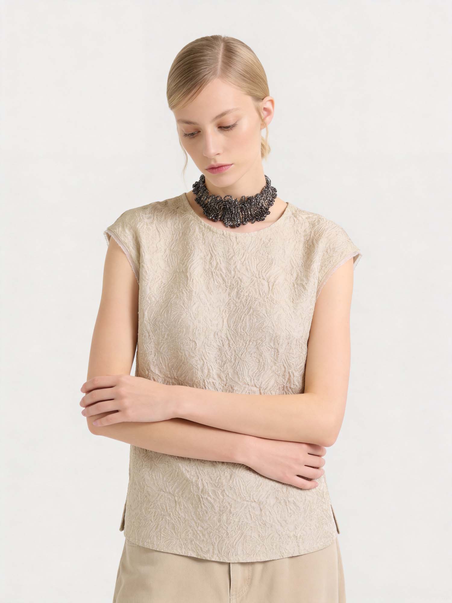 Gold Silk Sleeveless Jacquard Top 