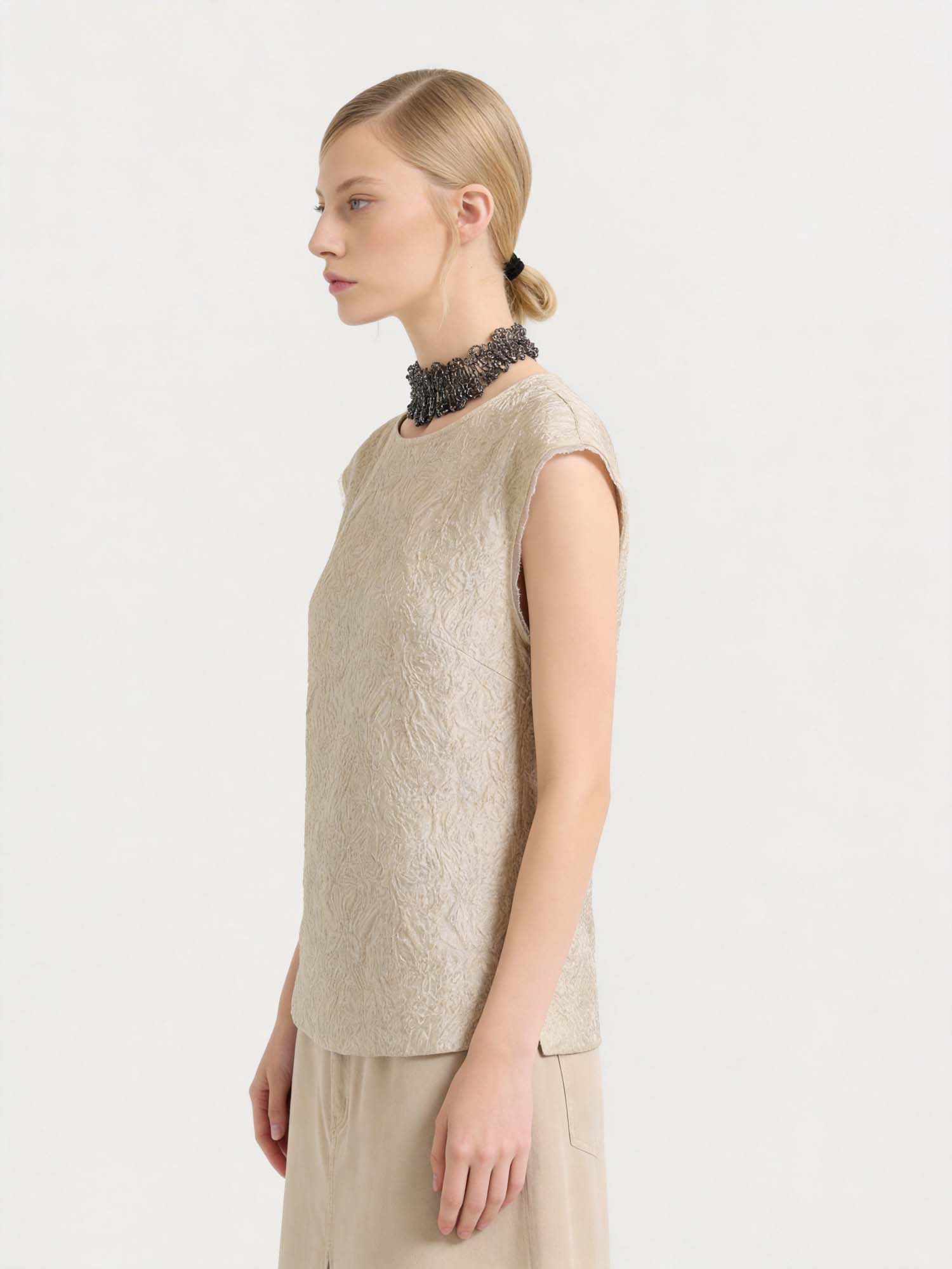 Gold Silk Sleeveless Jacquard Top 