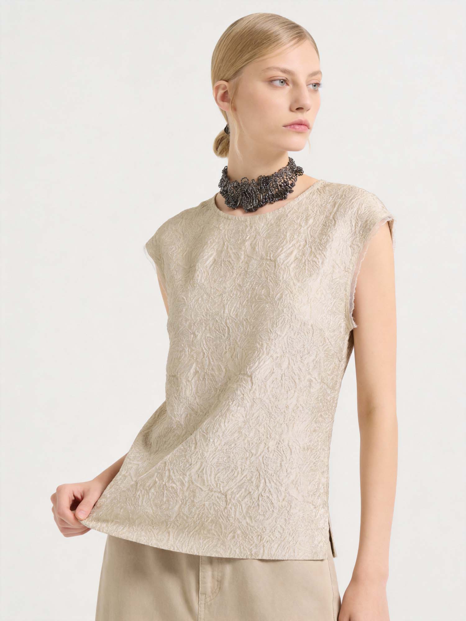 Gold Silk Sleeveless Jacquard Top 