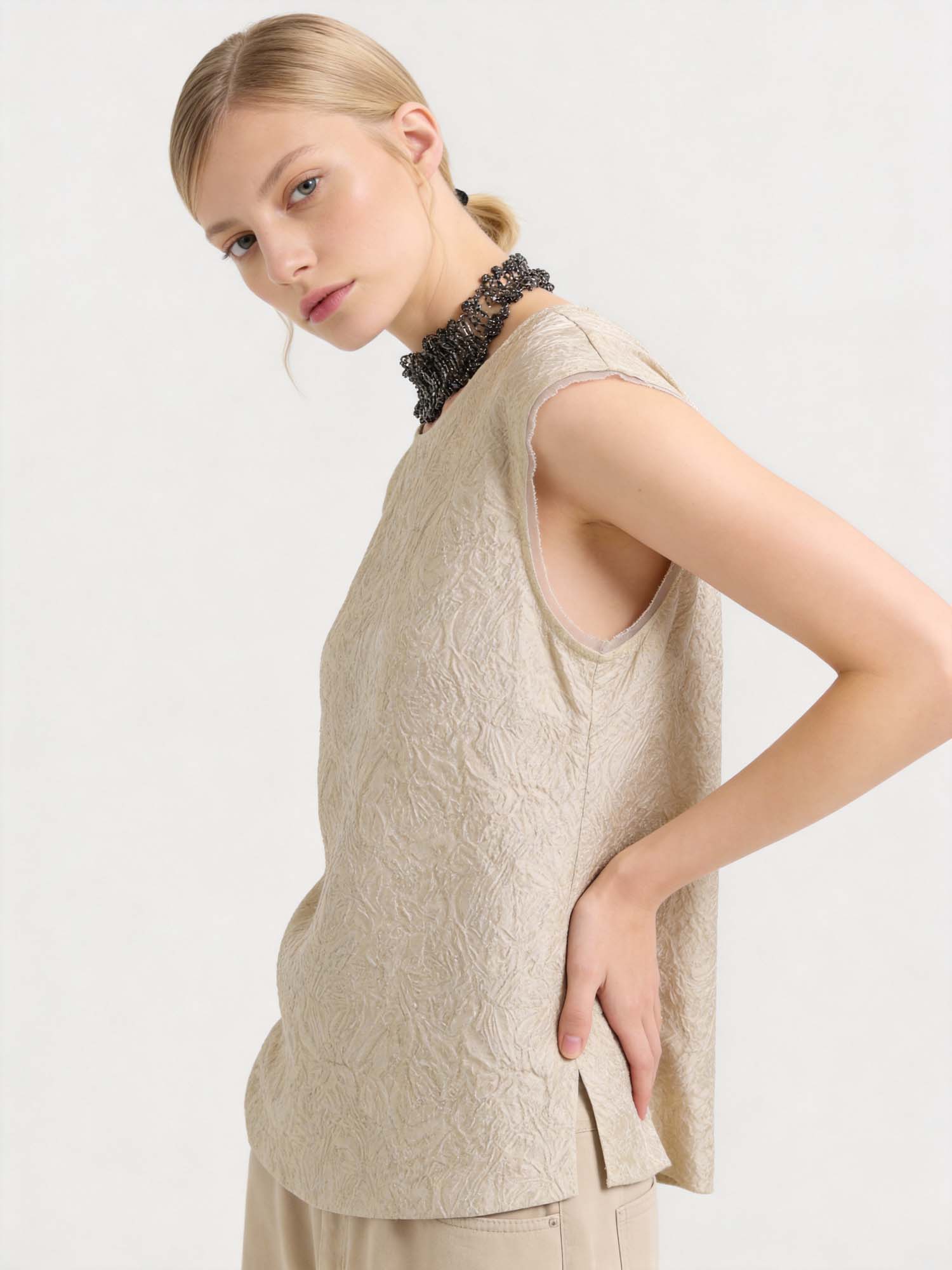 Gold Silk Sleeveless Jacquard Top 