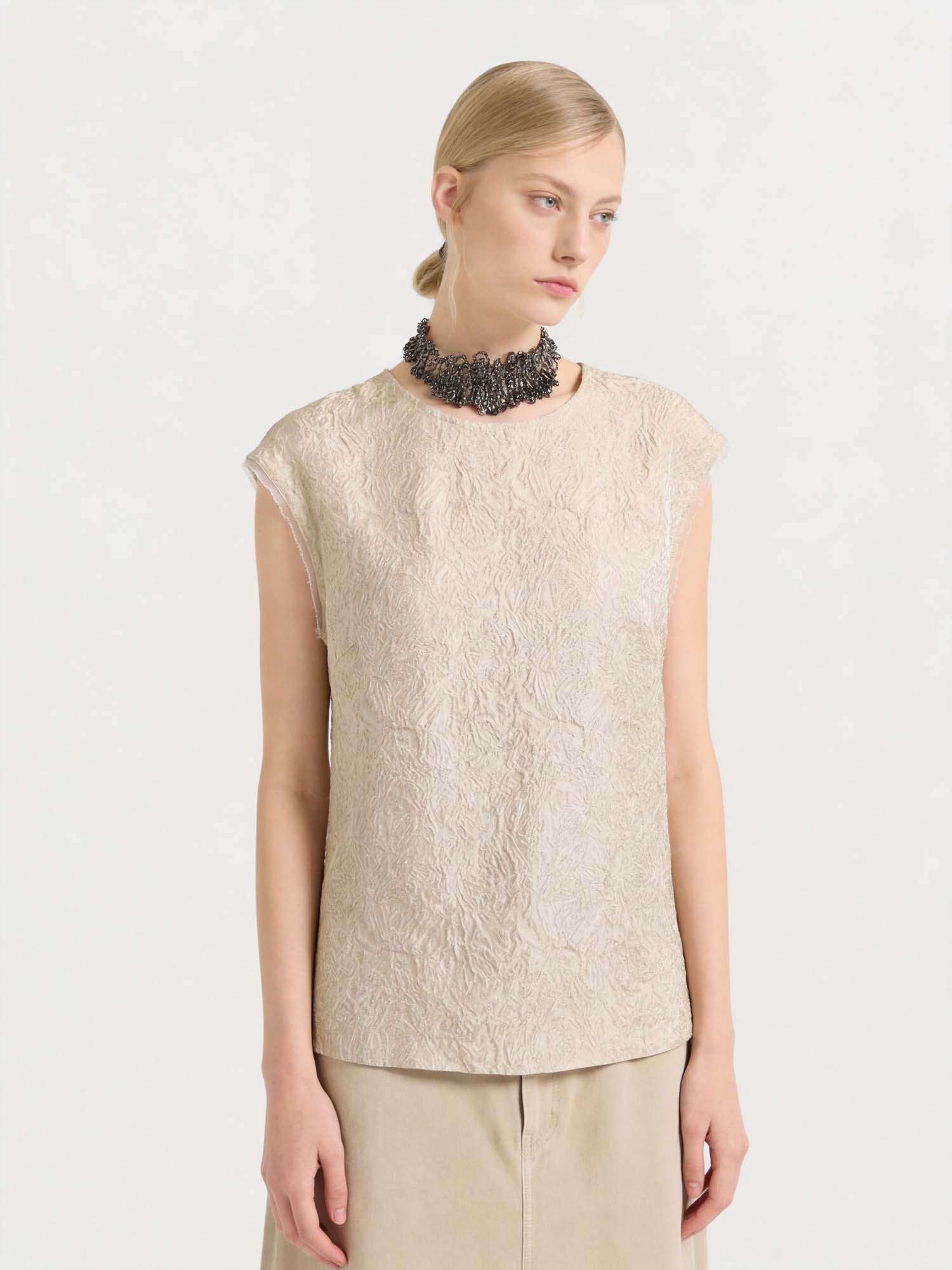 Gold Silk Sleeveless Jacquard Top 