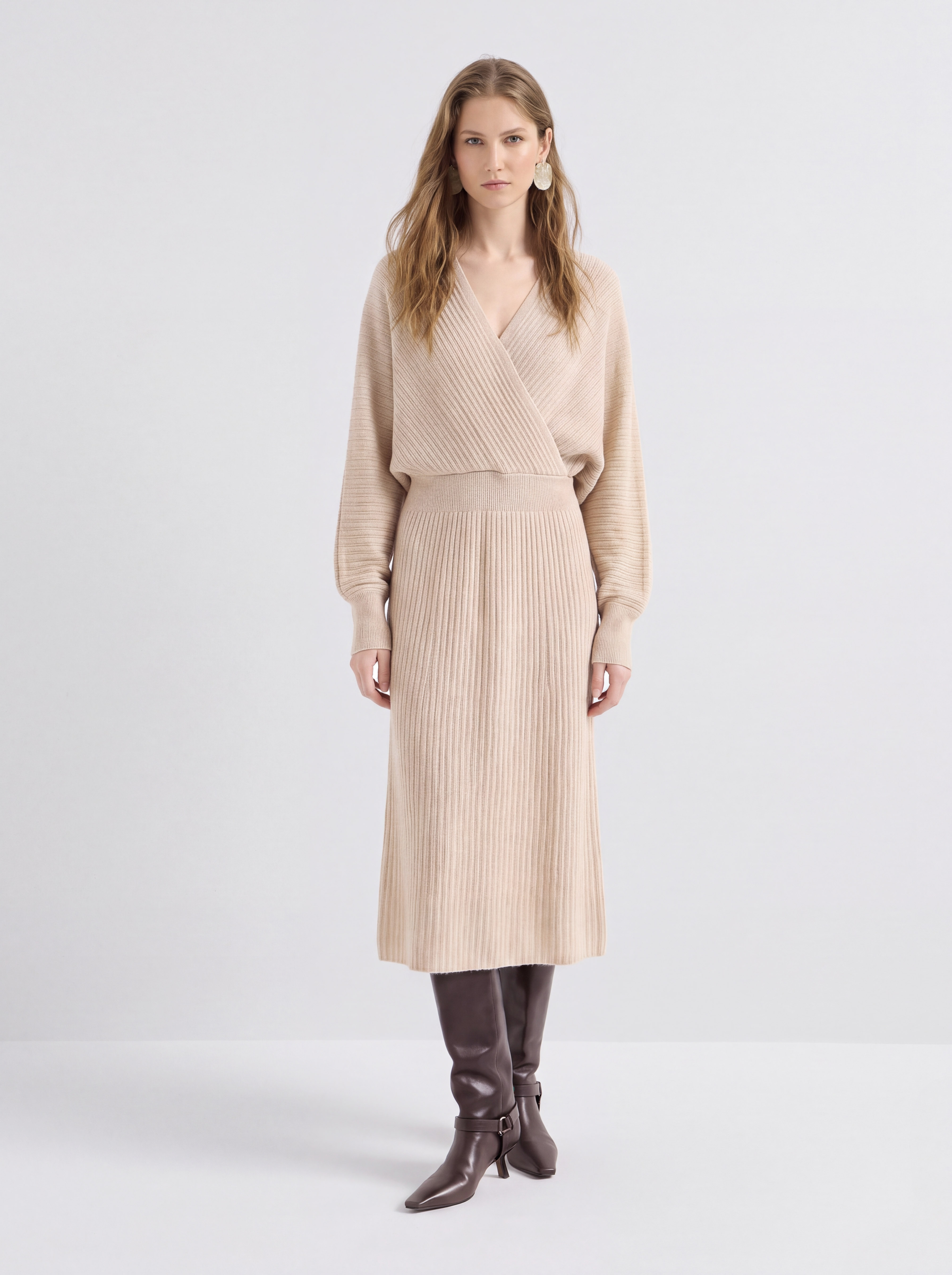 100% Cashmere Surplice V Neck Ribbed Long Sleeve Midi Sweater Dress