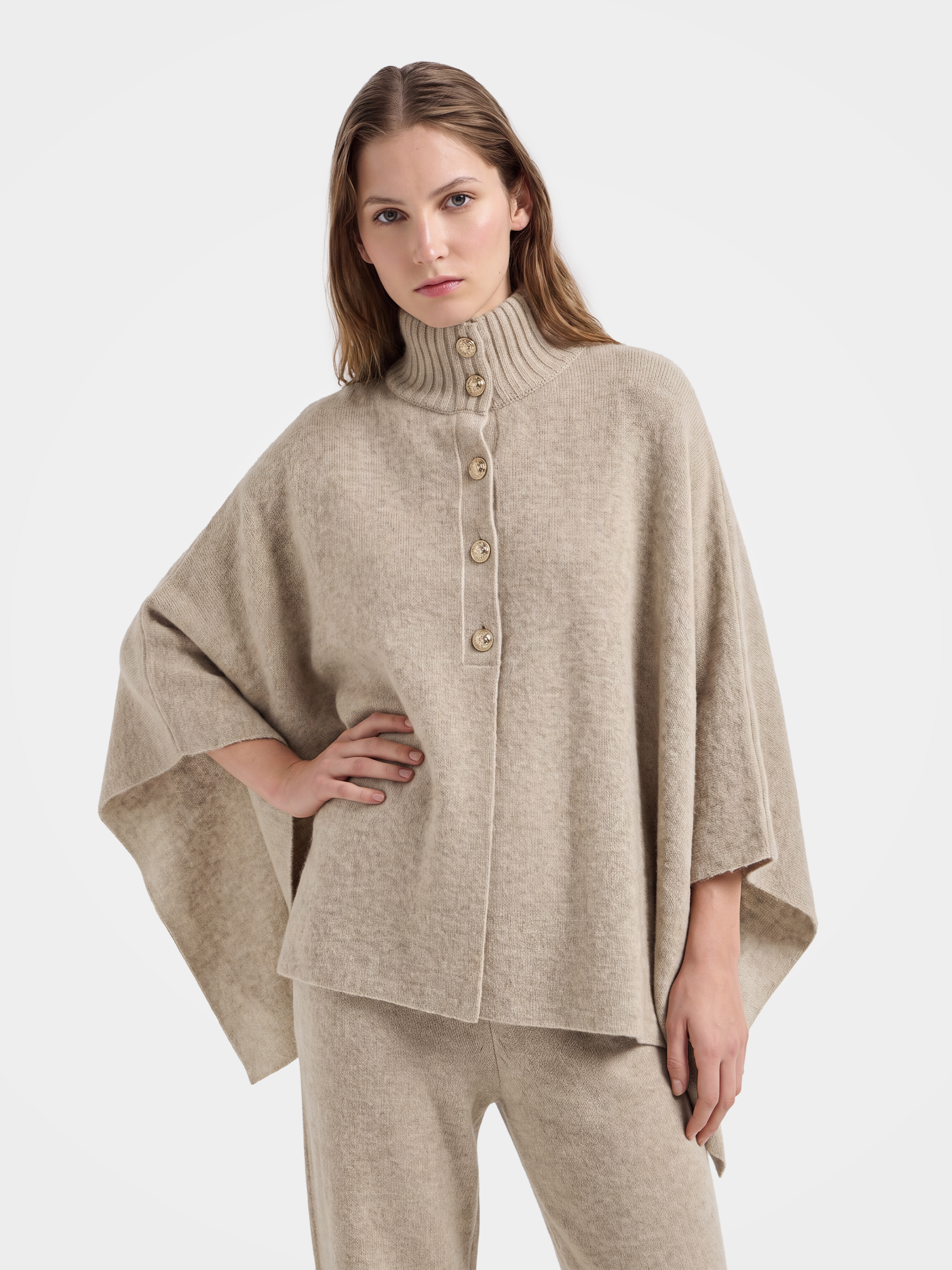 Pre-Order | 100% Cashmere Turtleneck Botton Front Cardigan Knit Cape Relaxed Fit (10-14 Business Days)