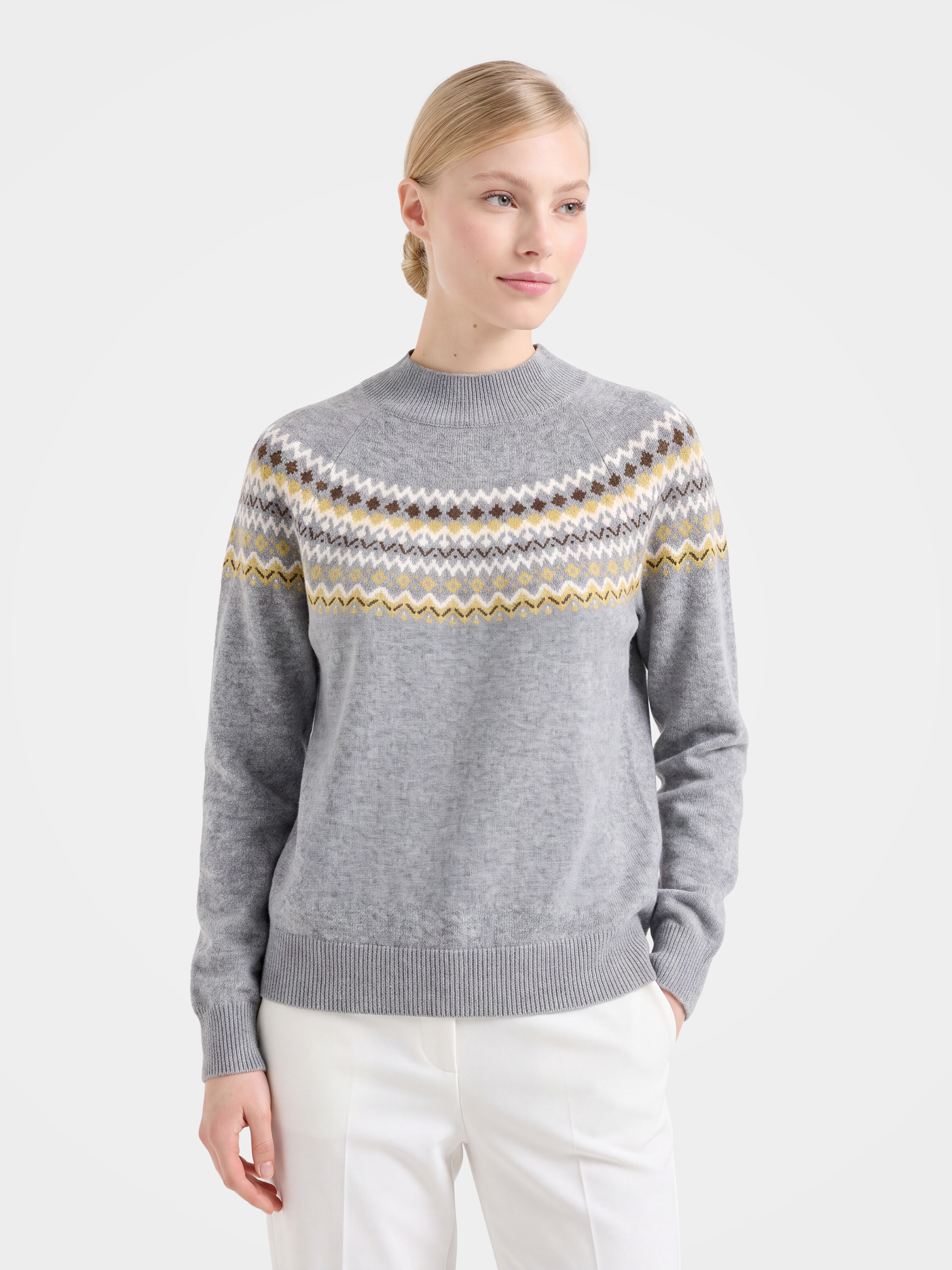Wool Cashmere Mock Neck Sweater Soft Fair Isle Diamond Knit Pullover