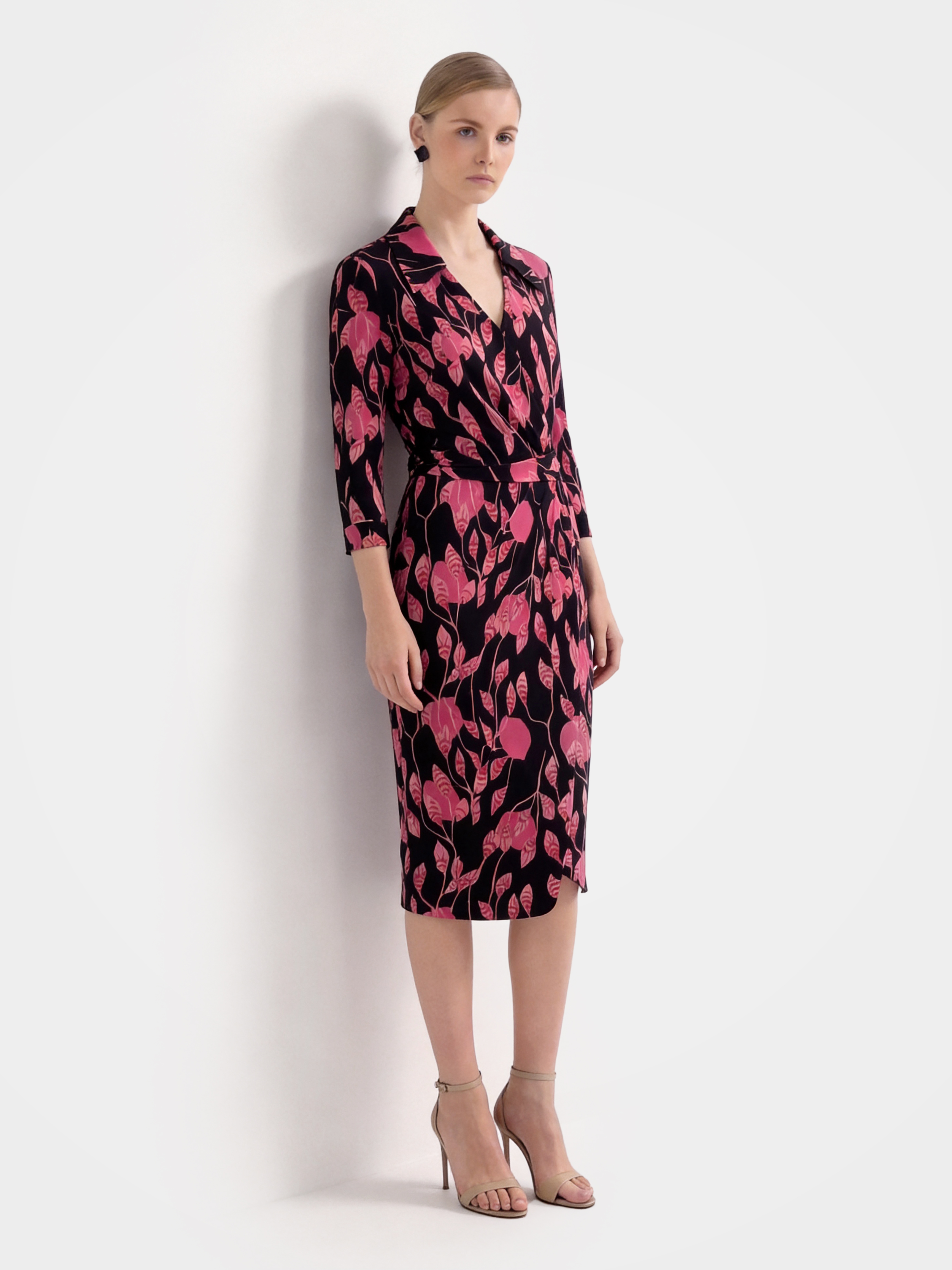 Luxury 100% Mulberry Silk Leaf Wrap Midi Dress