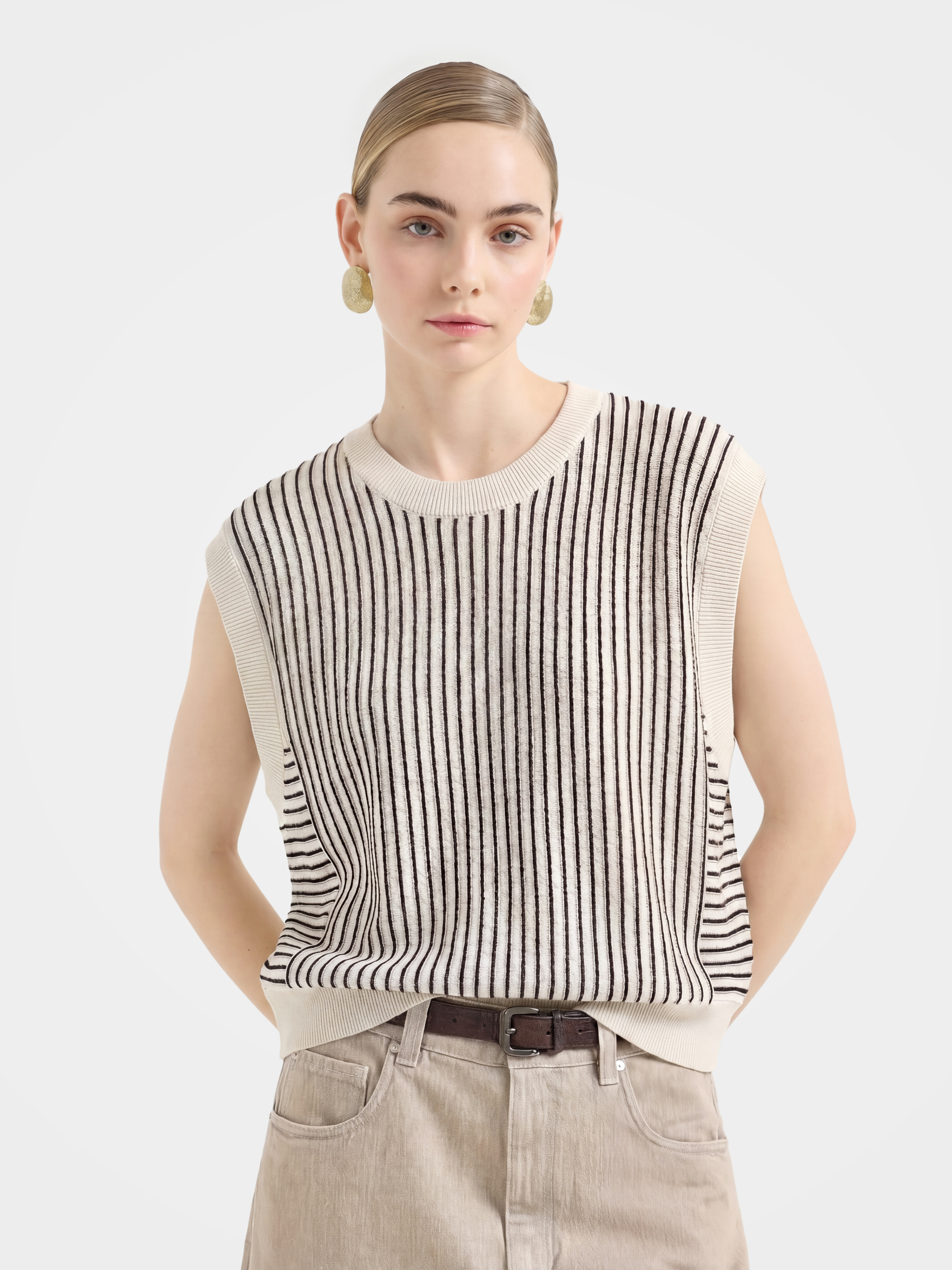Striped Ribbed Knit Sleeveless Sweater Vest
