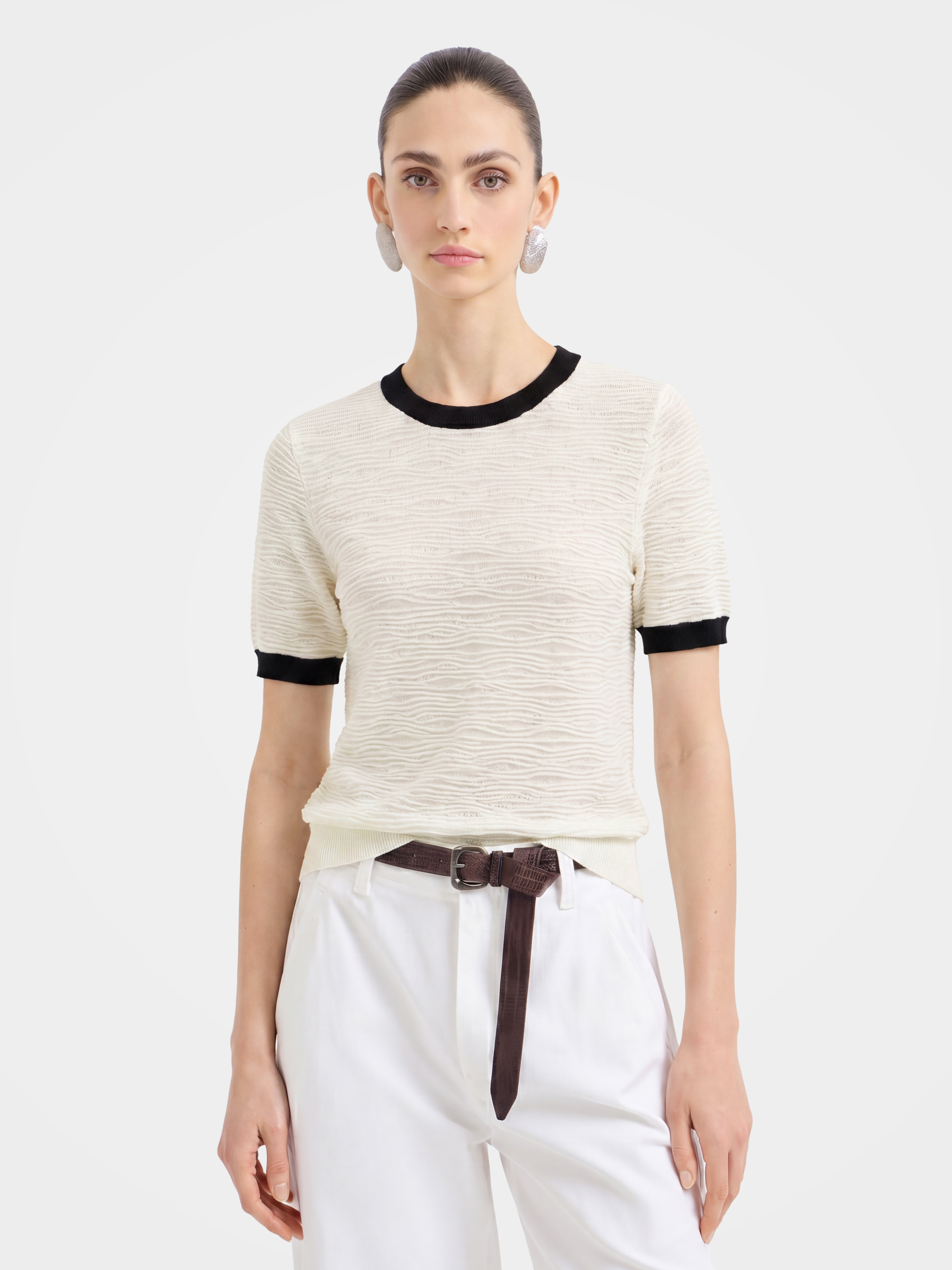 Refined Wool Silk Wave Texture Short Sleeve Top