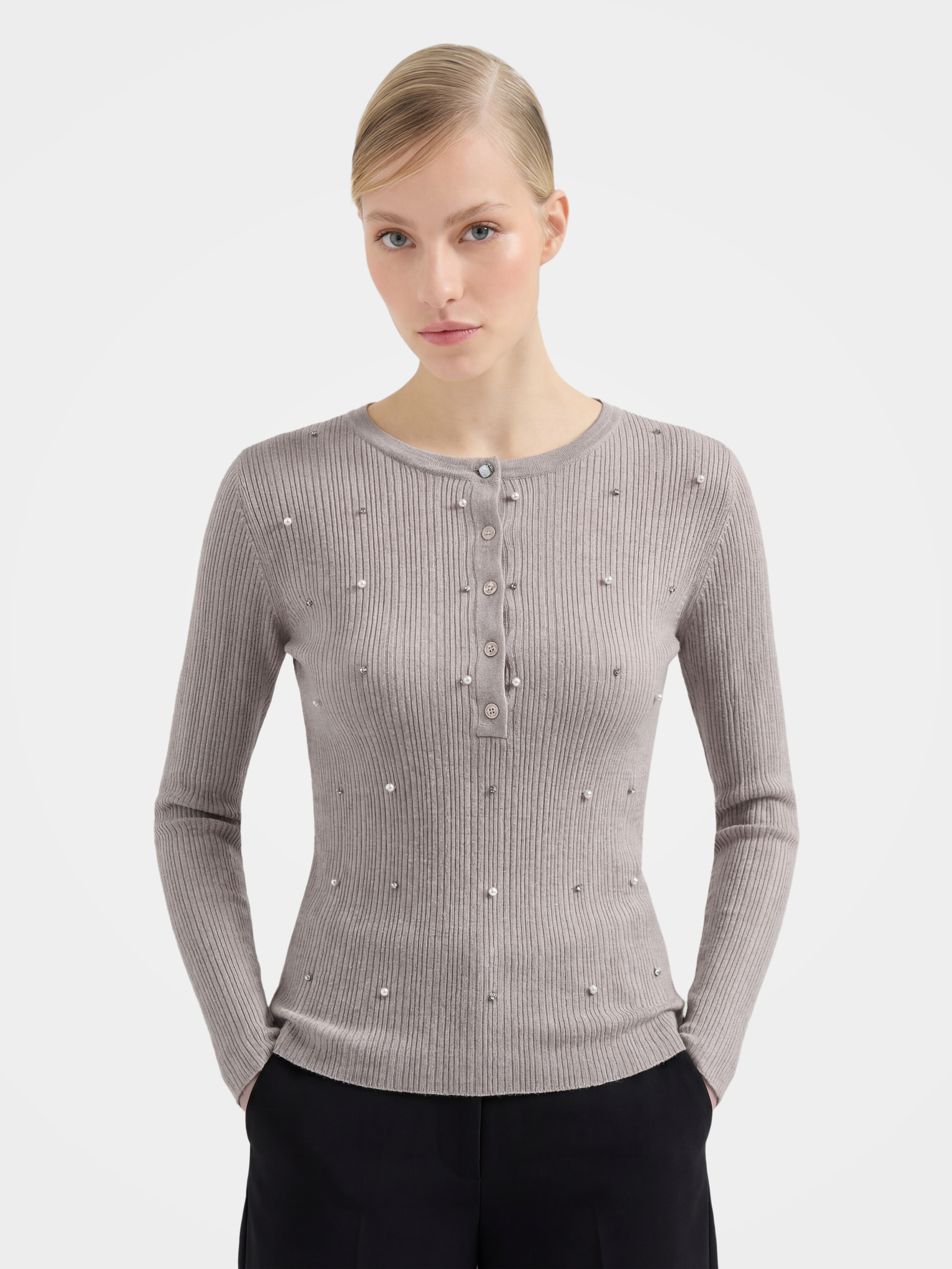 Lightweight Wool Cashmere Beaded Rib Knit Top