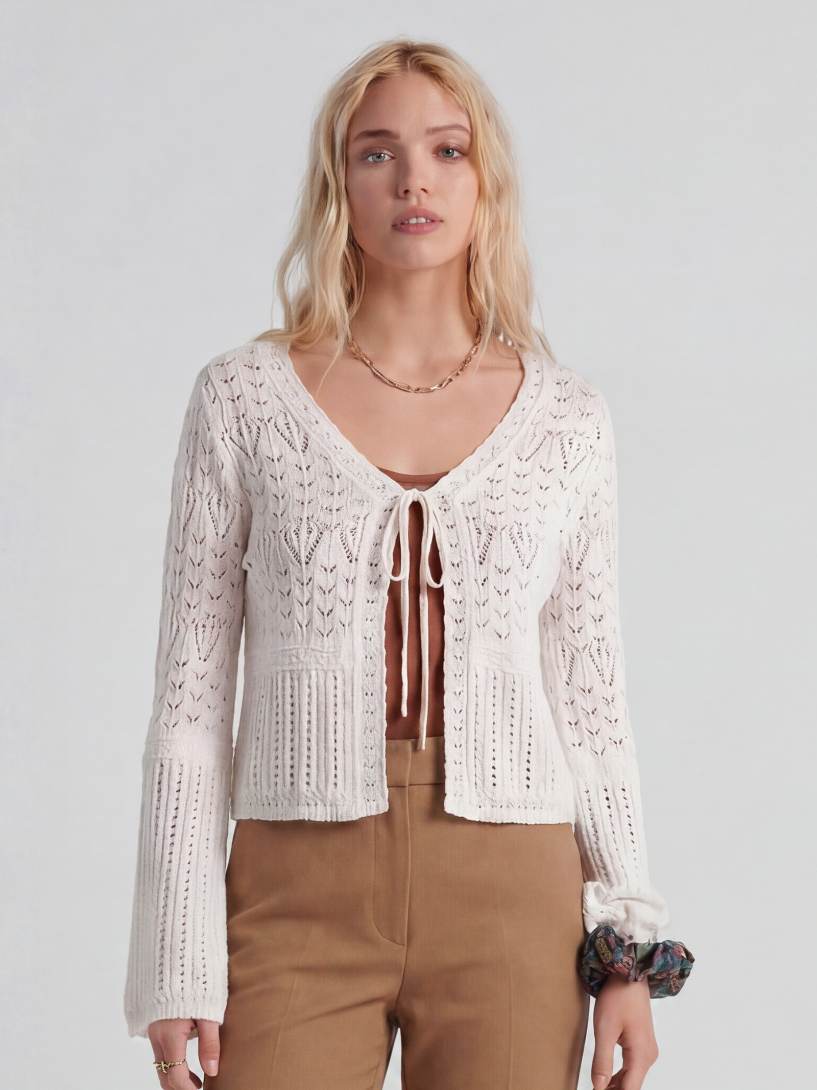 White Cotton Long Sleeve Hollow Out Knit Cardigan