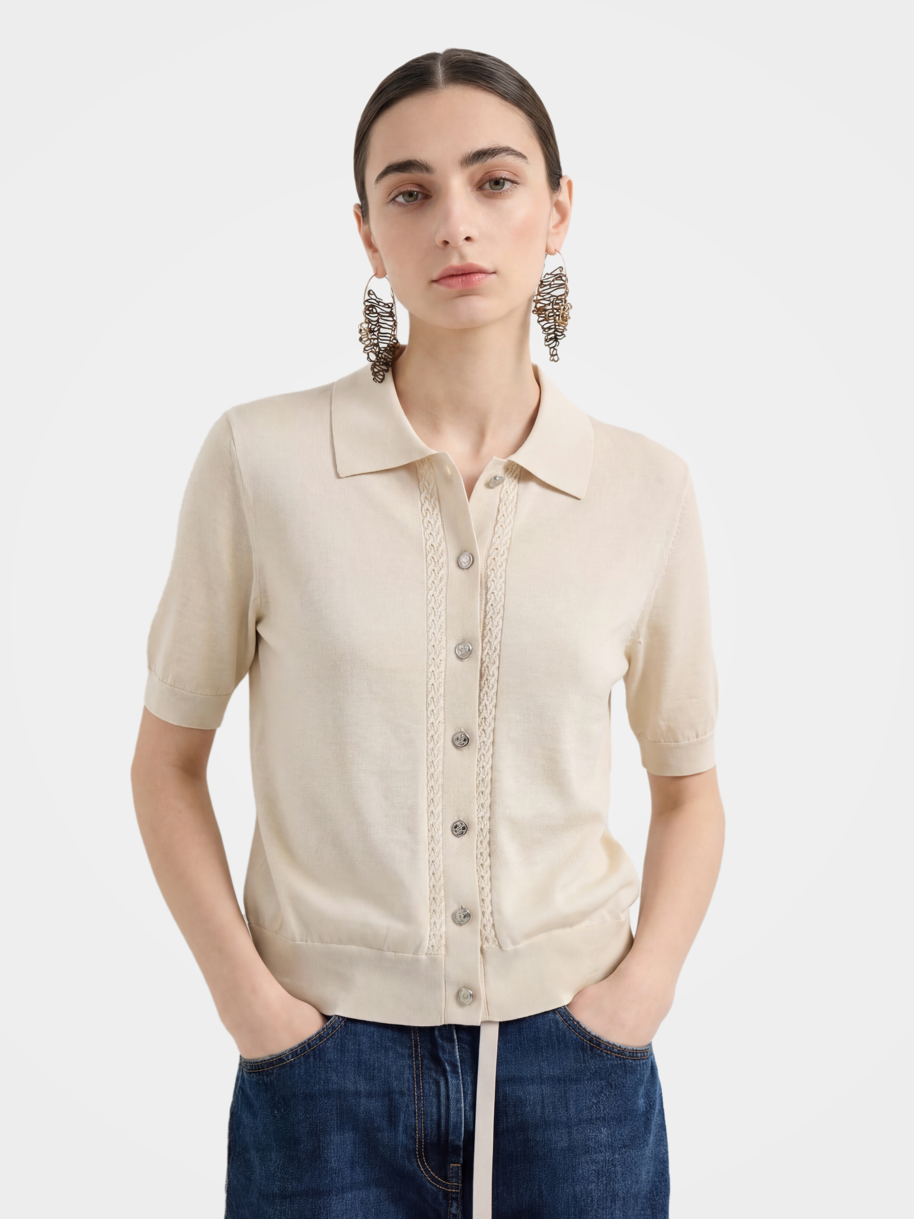 Beige Short Sleeve Knit Cardigan Lightweight Summer Top