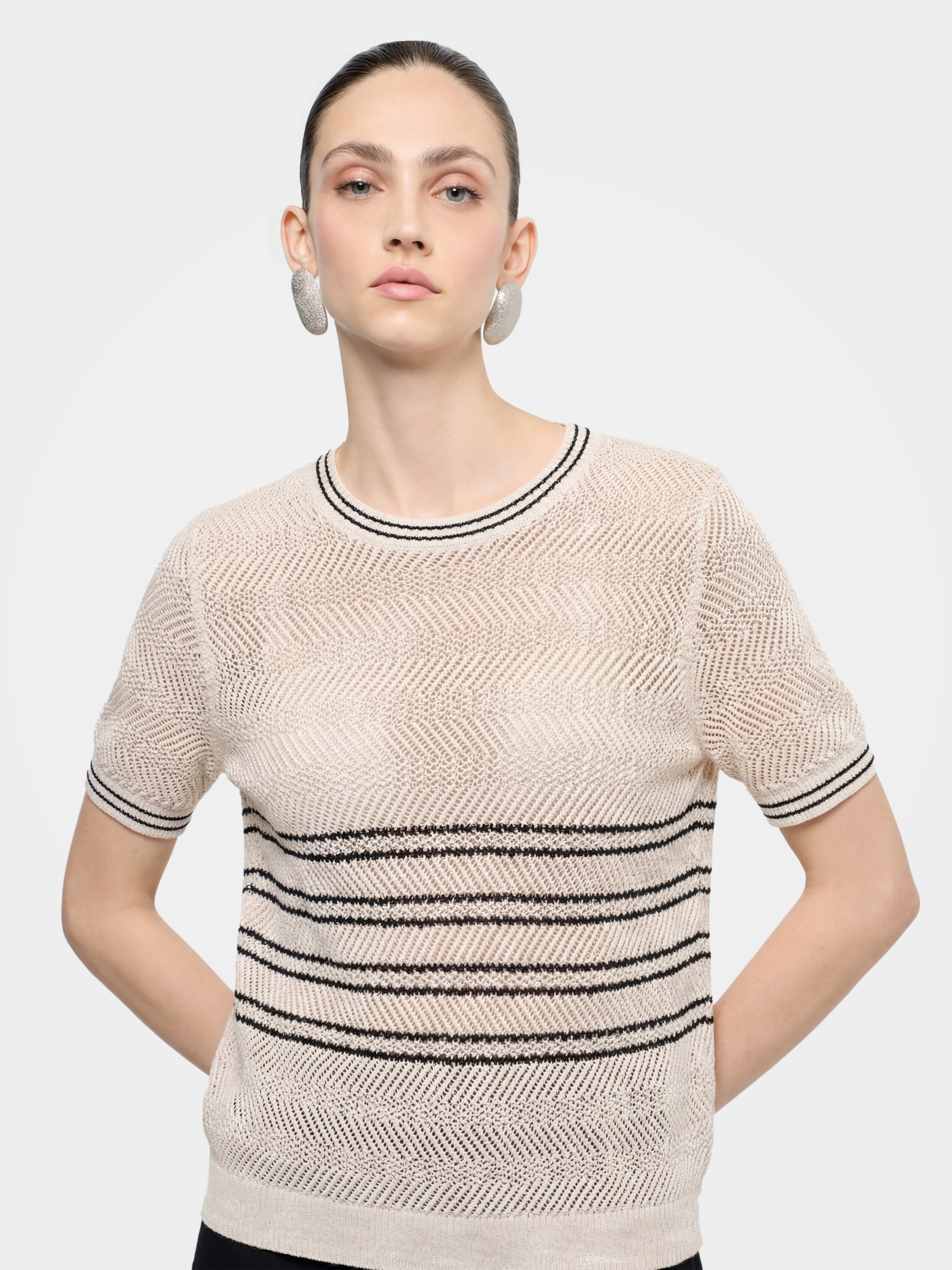 Airy Cotton Silk Blend Textured Short Sleeve Top