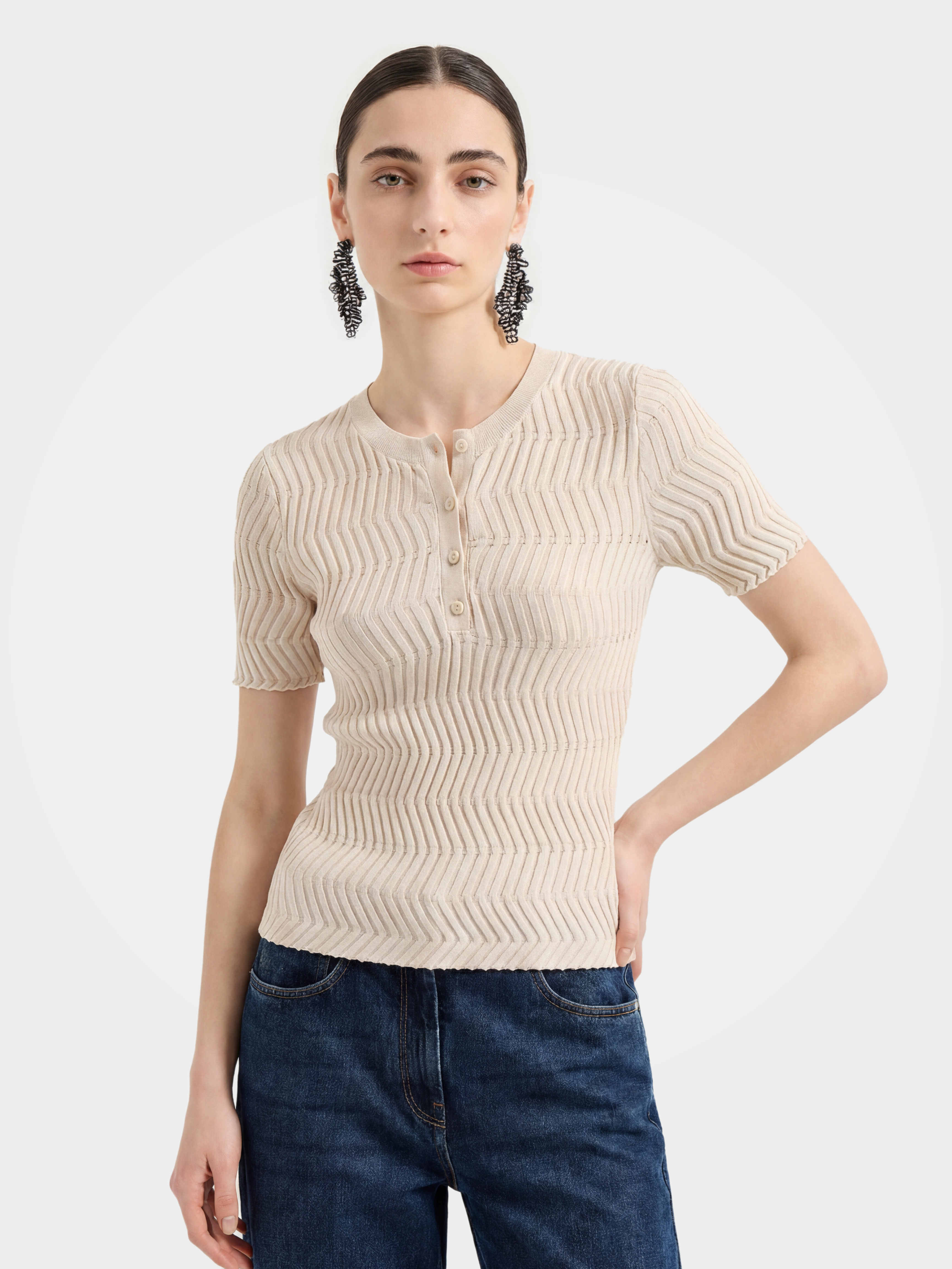 Minimalist Ribbed Knit Button Front Short Sleeve Pullover