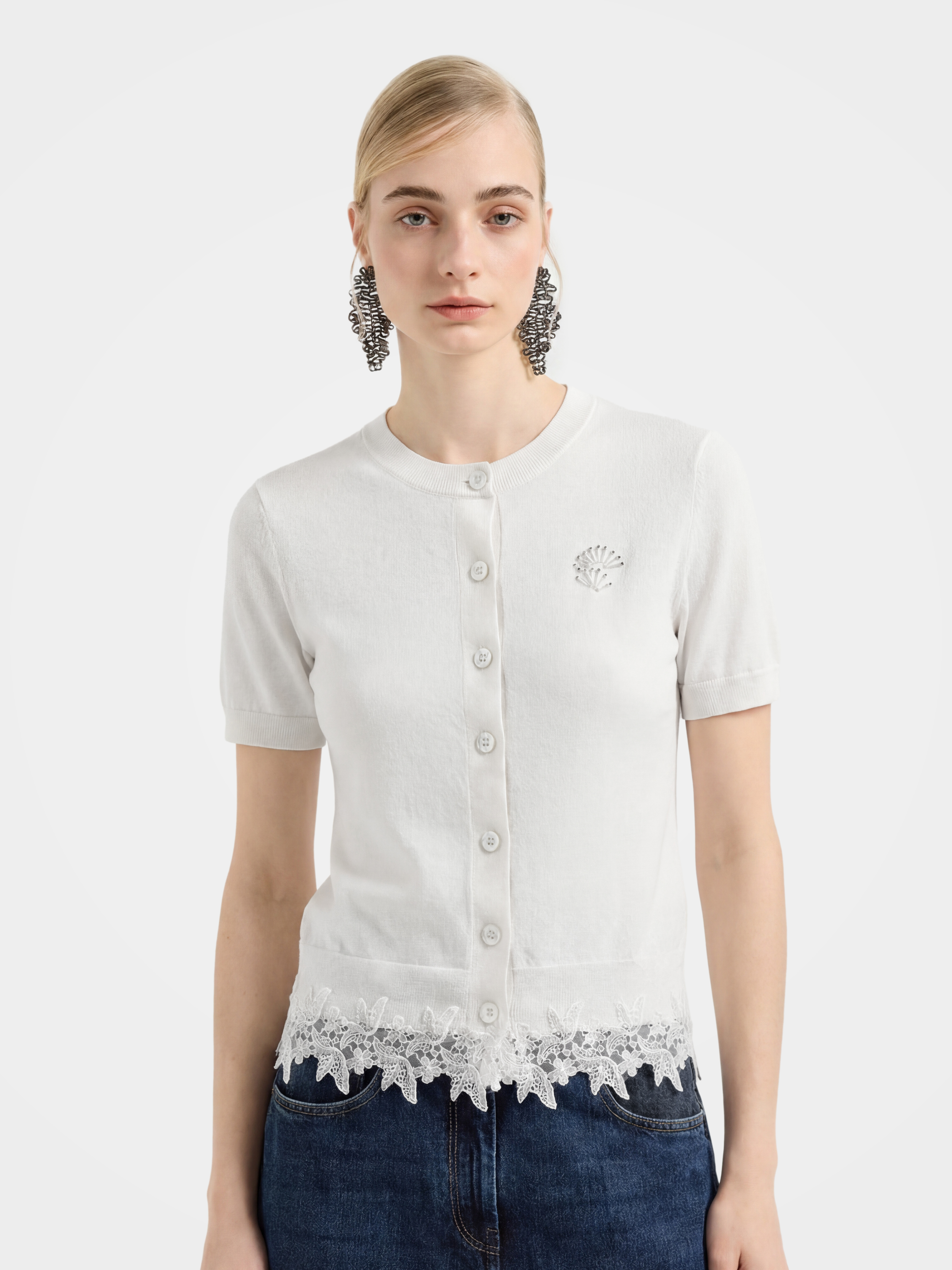 Lightweight Button Front Knit Top with Lace Trim