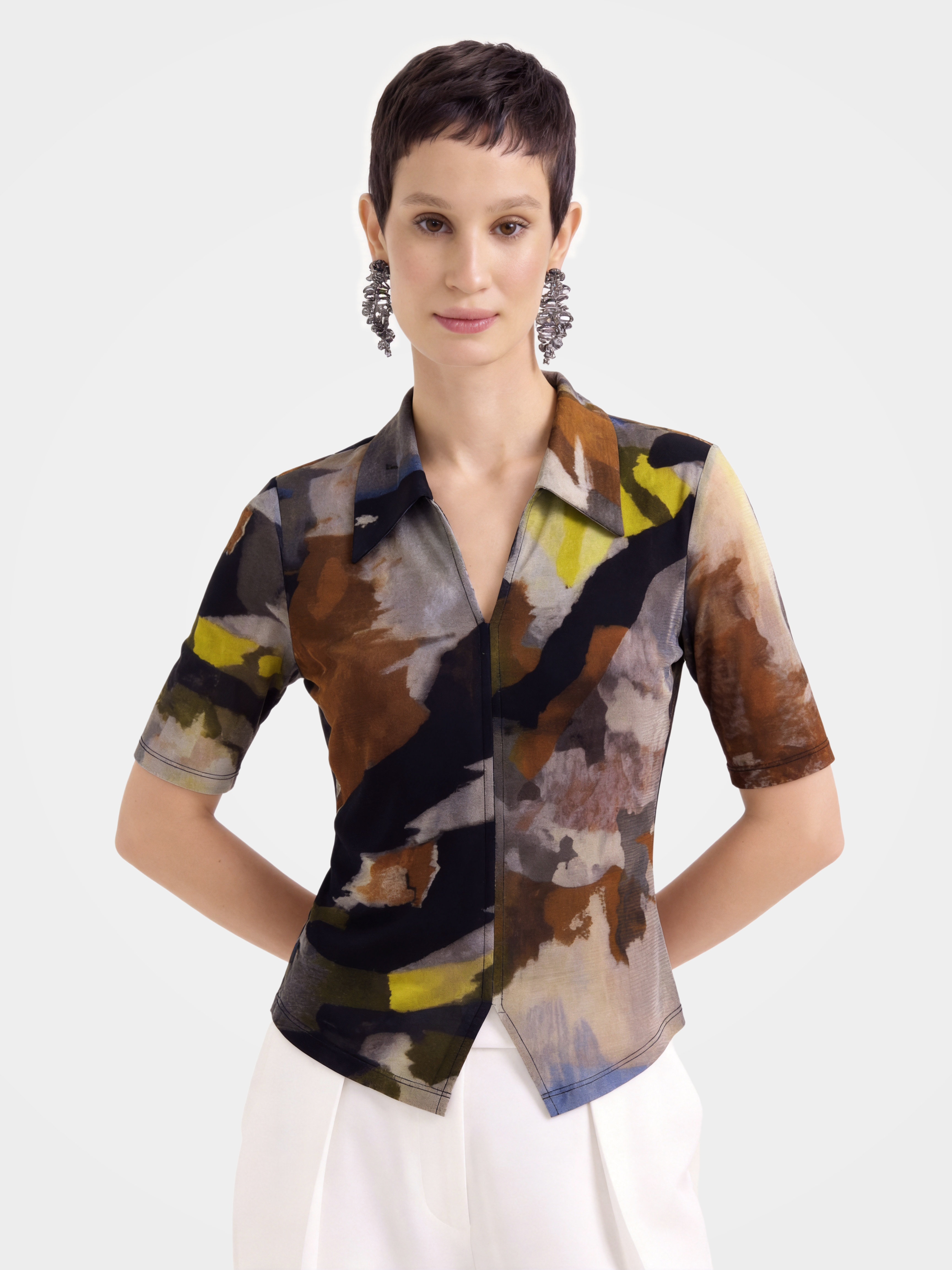 Lightweight Multicolor Printed V Neck 100% Mulberry Silk Blouse